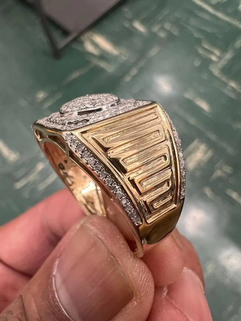 Large Square Simulated Diamond Hip Hop Ring | 10K Yellow Gold Iced Out Real Diamond Ring Band 0.35Ct 6.56 Grams | Designer Big Ring, Size 10