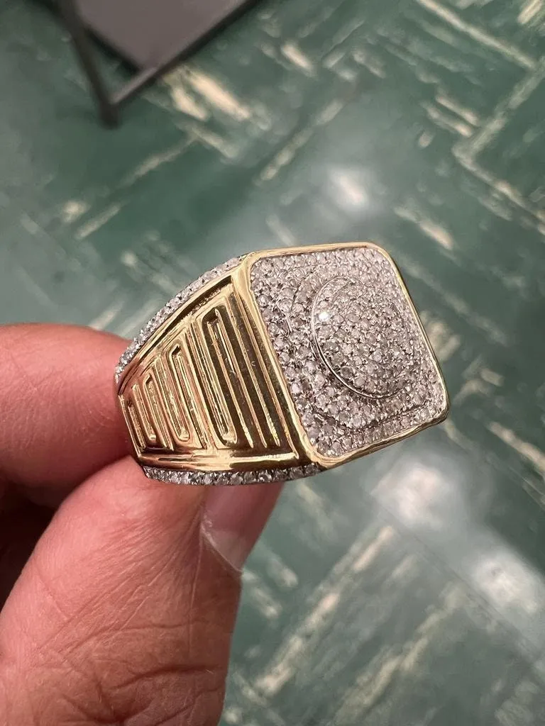 Large Square Simulated Diamond Hip Hop Ring | 10K Yellow Gold Iced Out Real Diamond Ring Band 0.35Ct 6.56 Grams | Designer Big Ring, Size 10
