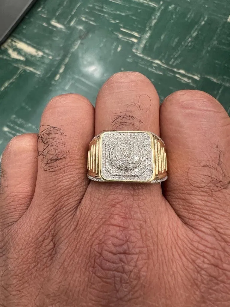 Large Square Simulated Diamond Hip Hop Ring | 10K Yellow Gold Iced Out Real Diamond Ring Band 0.35Ct 6.56 Grams | Designer Big Ring, Size 10