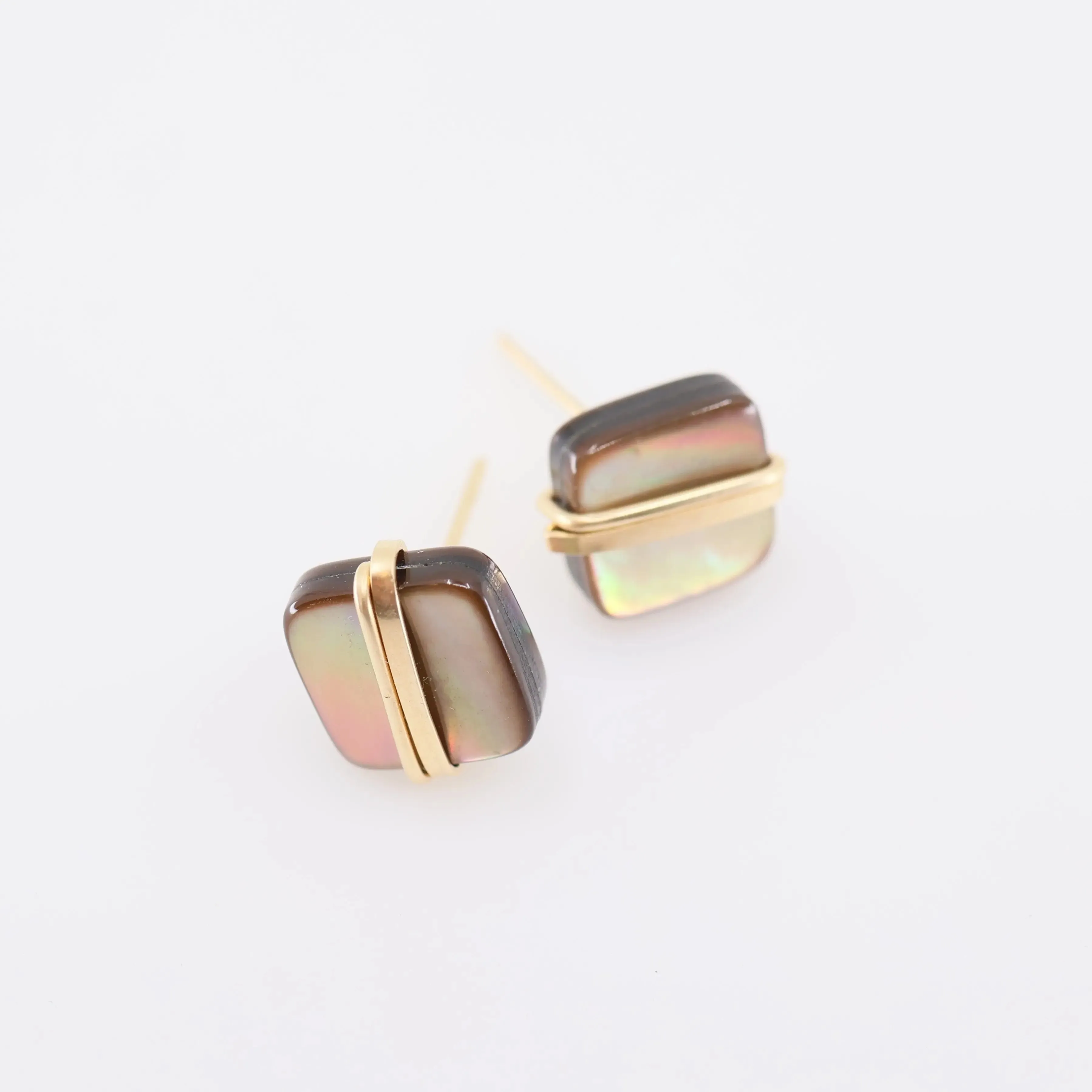 Mocha Abalone Square Stud Earrings with Forged Accent