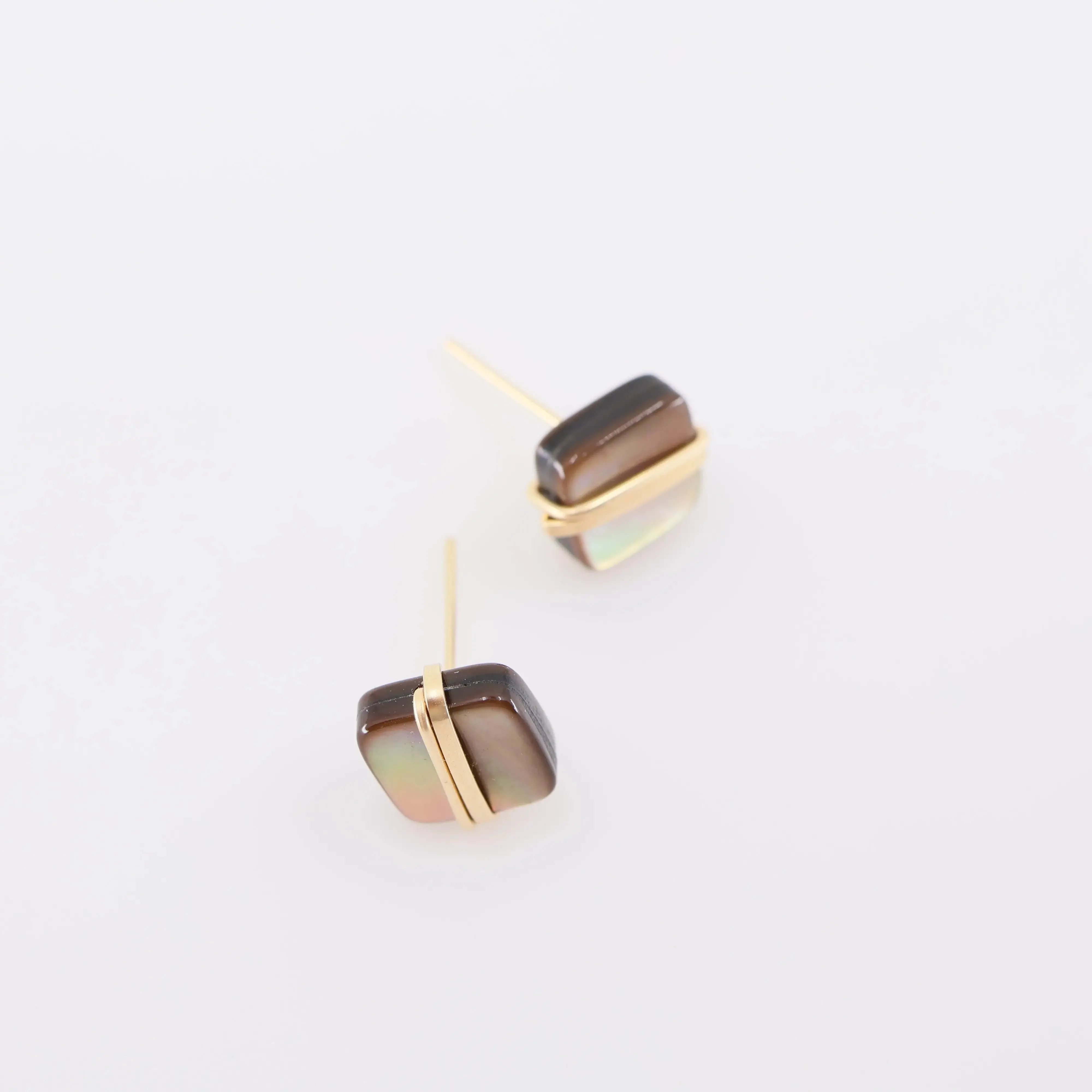 Mocha Abalone Square Stud Earrings with Forged Accent