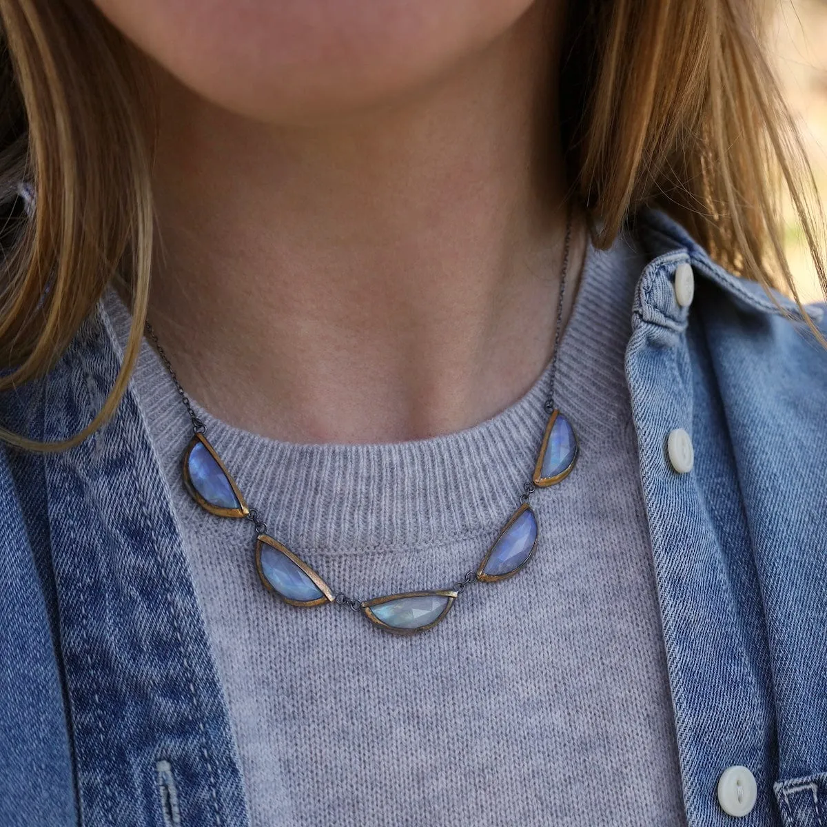 Moonstone Folded Five Crescent Necklace