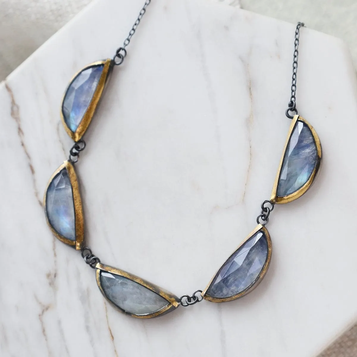 Moonstone Folded Five Crescent Necklace