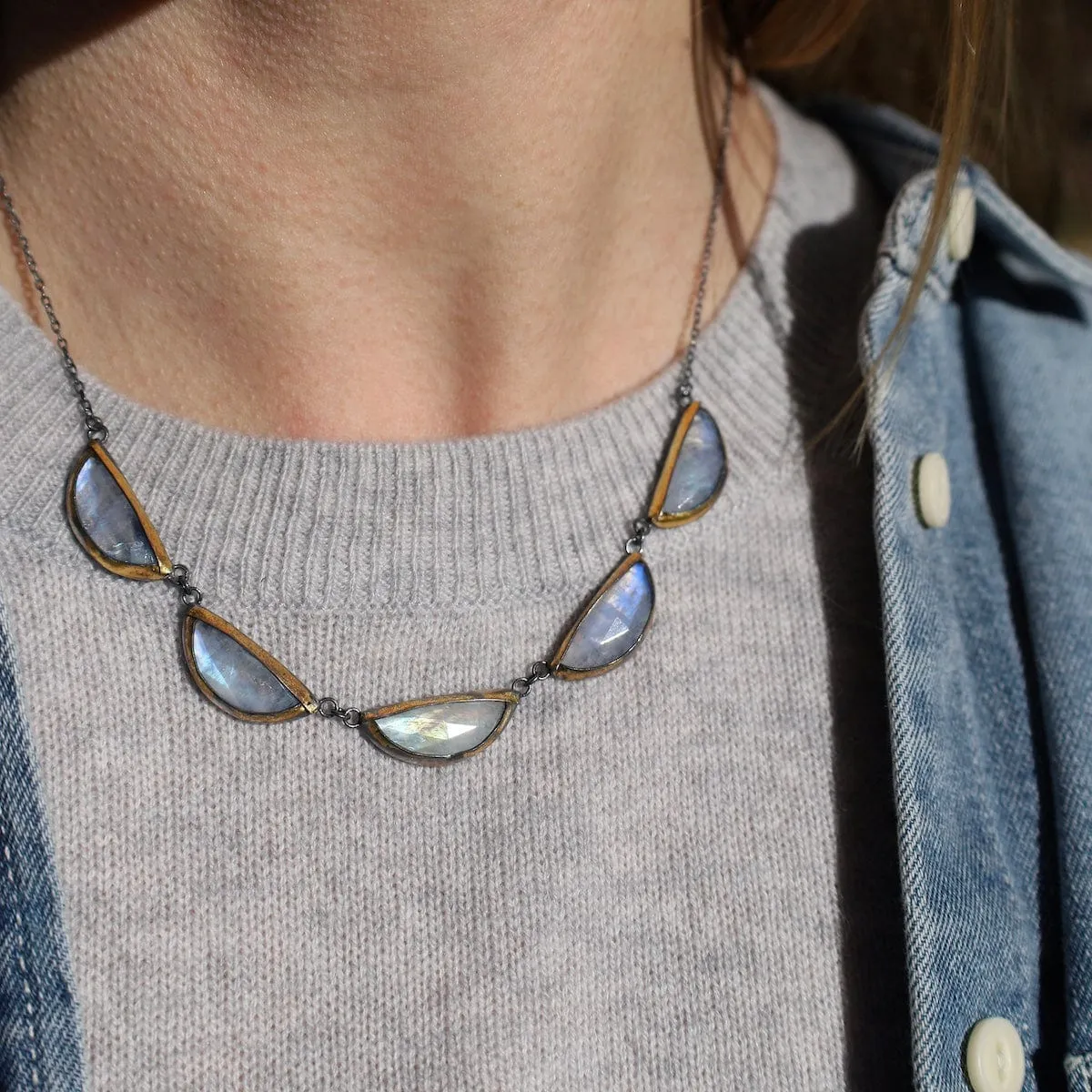 Moonstone Folded Five Crescent Necklace
