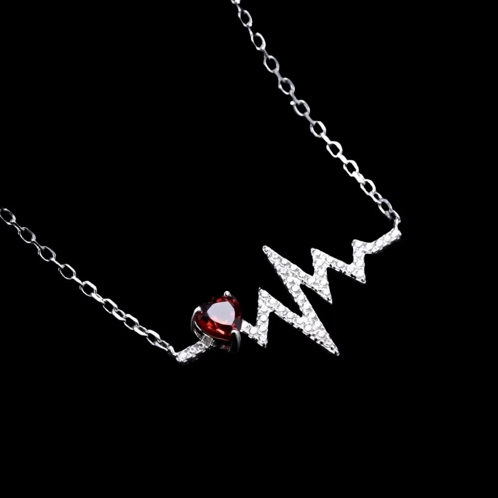 Natural Red Garnet Heartbeat Love Pendant Necklace