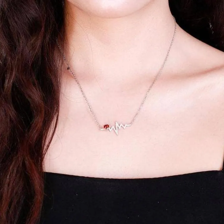 Natural Red Garnet Heartbeat Love Pendant Necklace