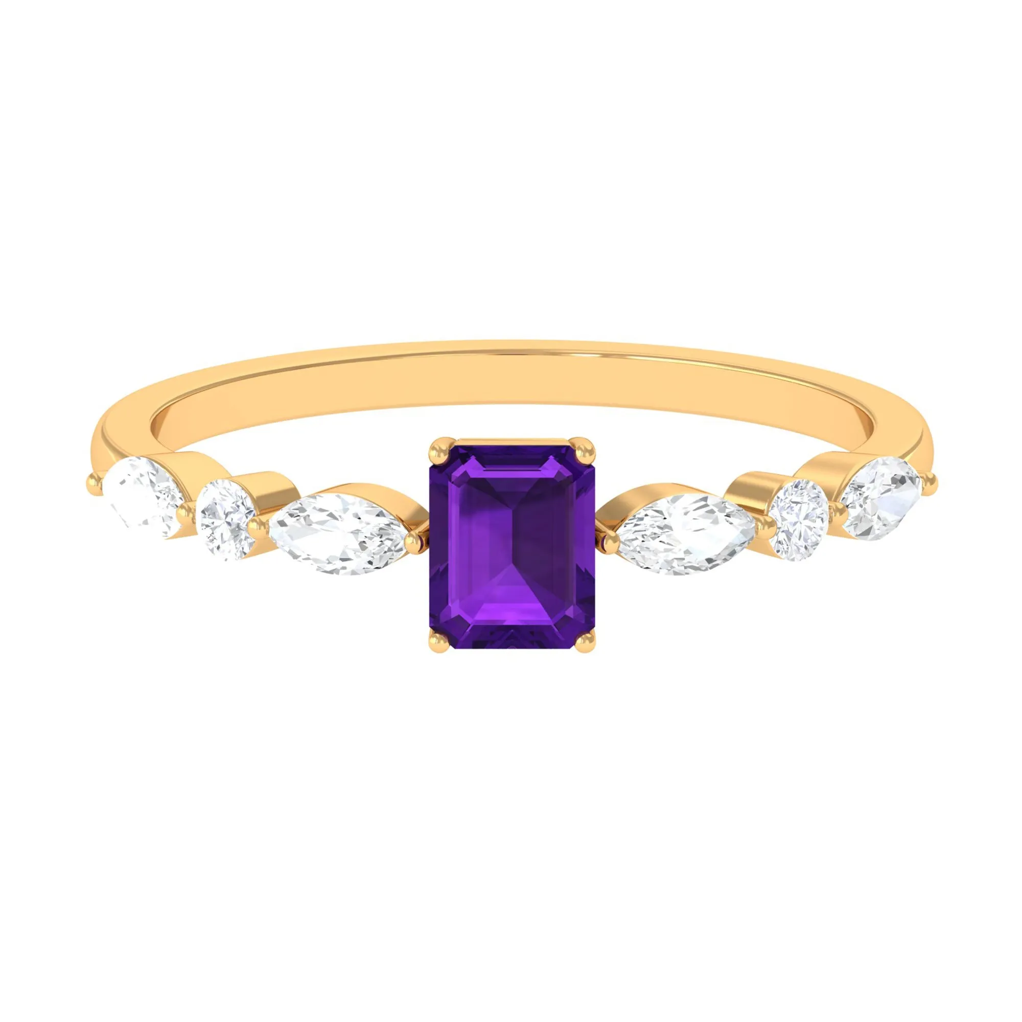 Octagon Amethyst Solitaire Ring with Diamond Side Stones