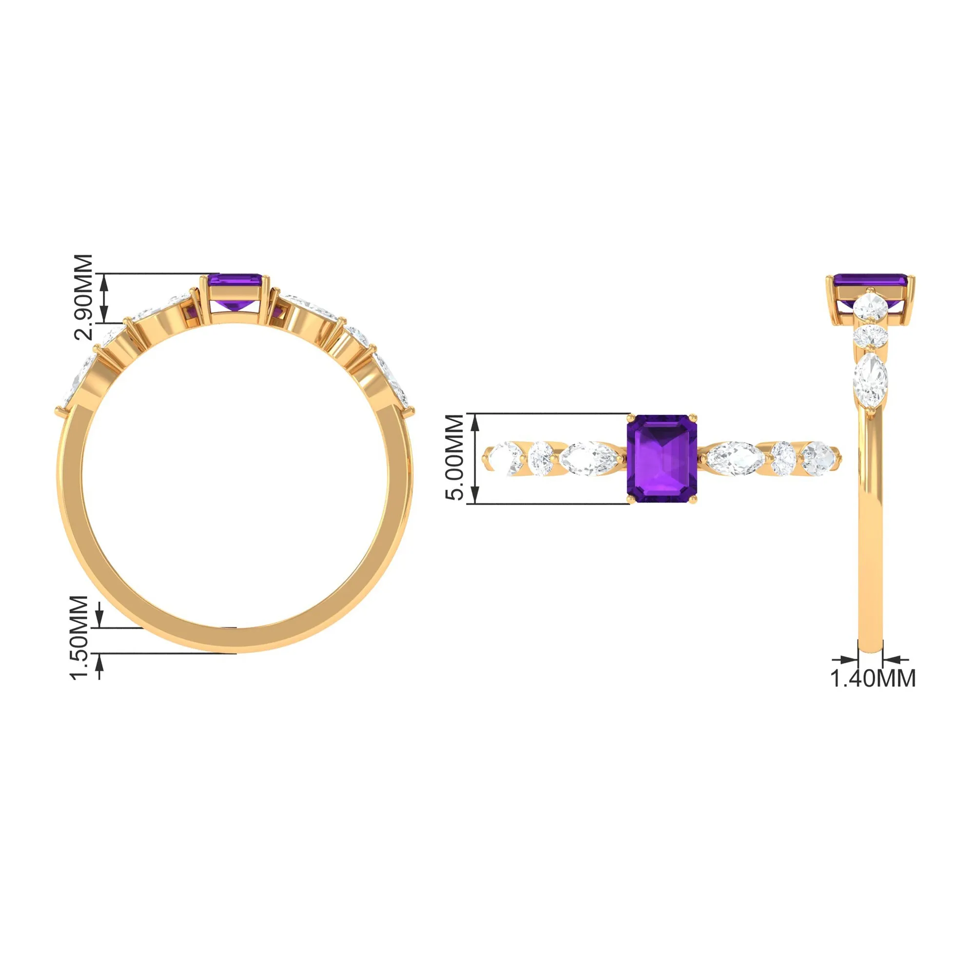 Octagon Amethyst Solitaire Ring with Diamond Side Stones