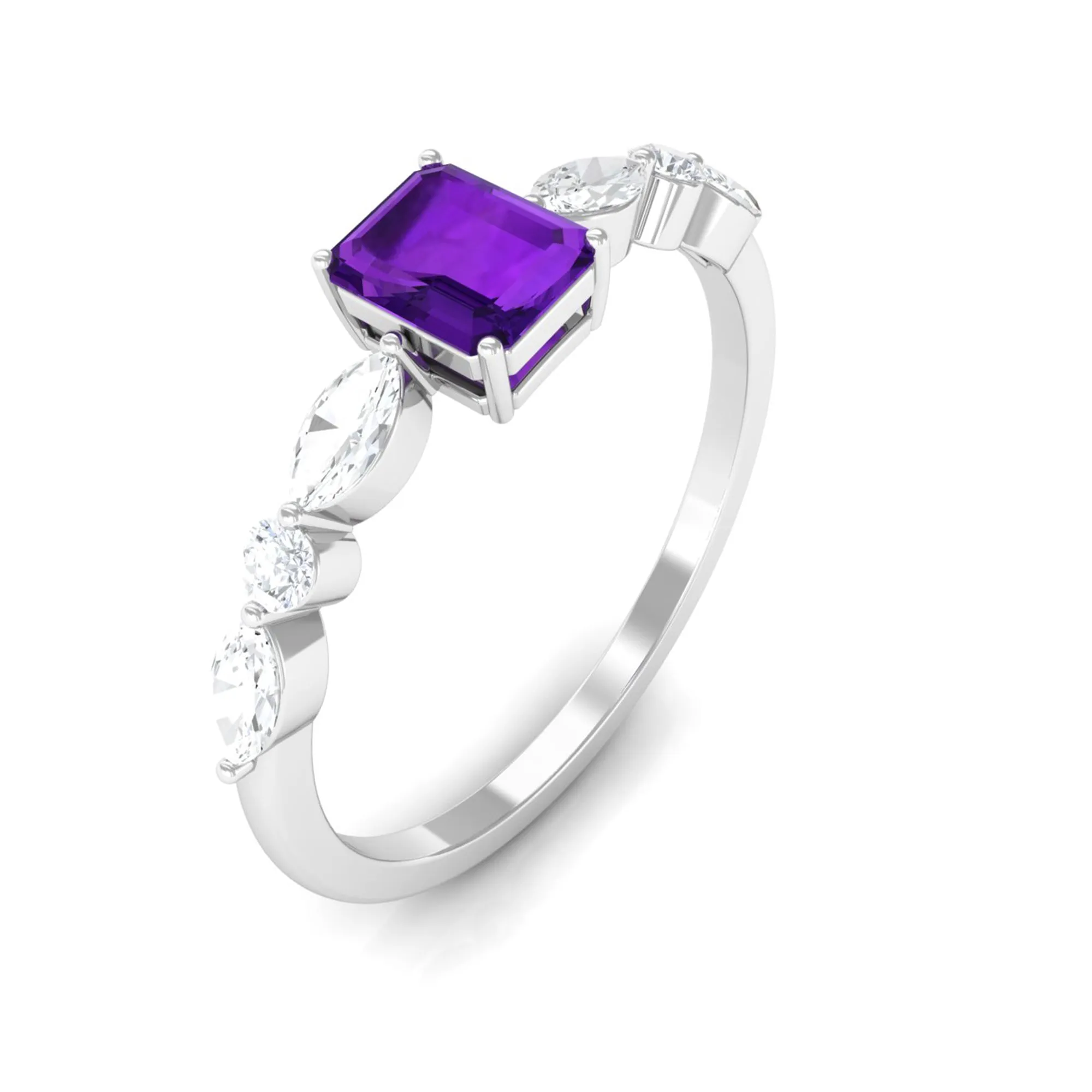 Octagon Amethyst Solitaire Ring with Diamond Side Stones