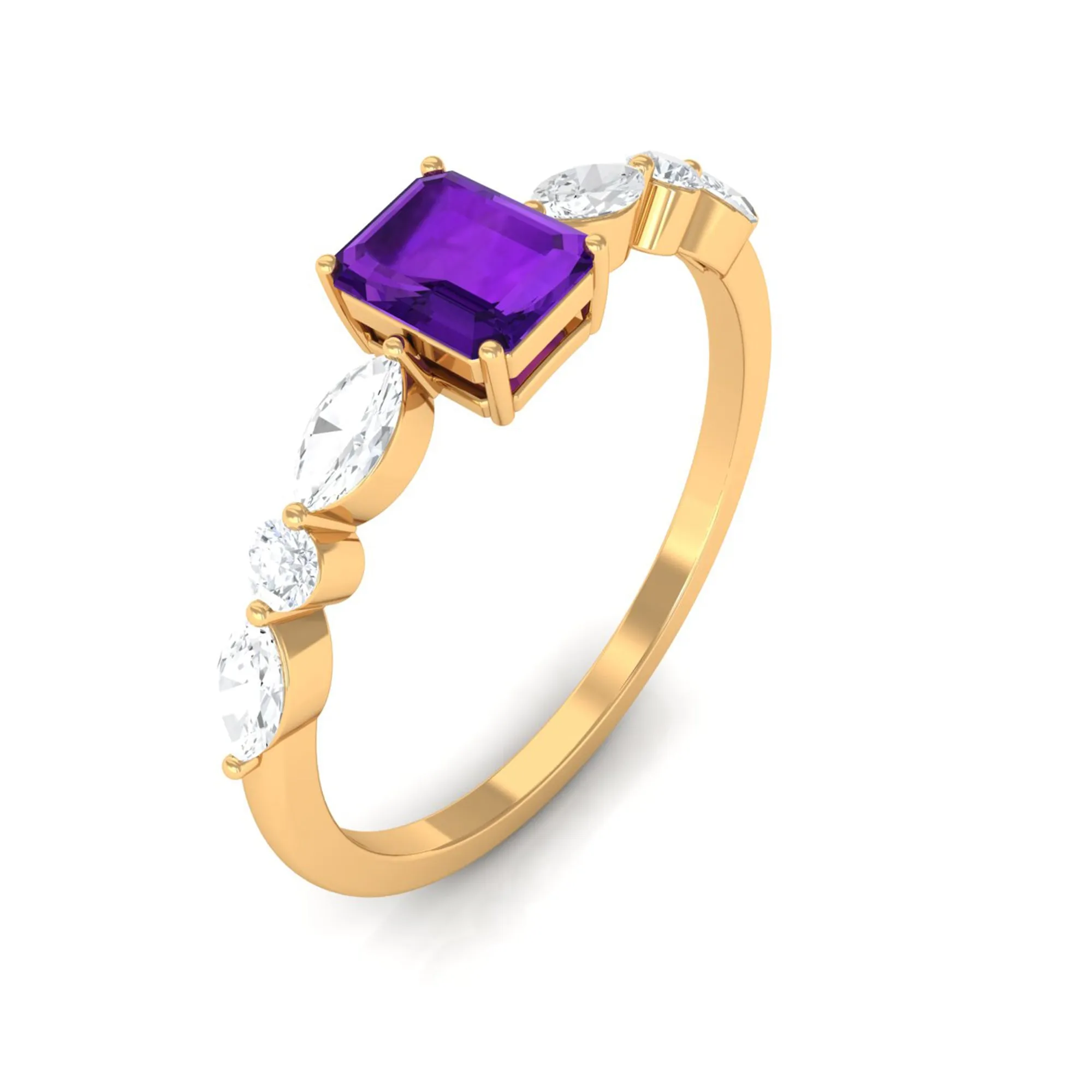 Octagon Amethyst Solitaire Ring with Diamond Side Stones