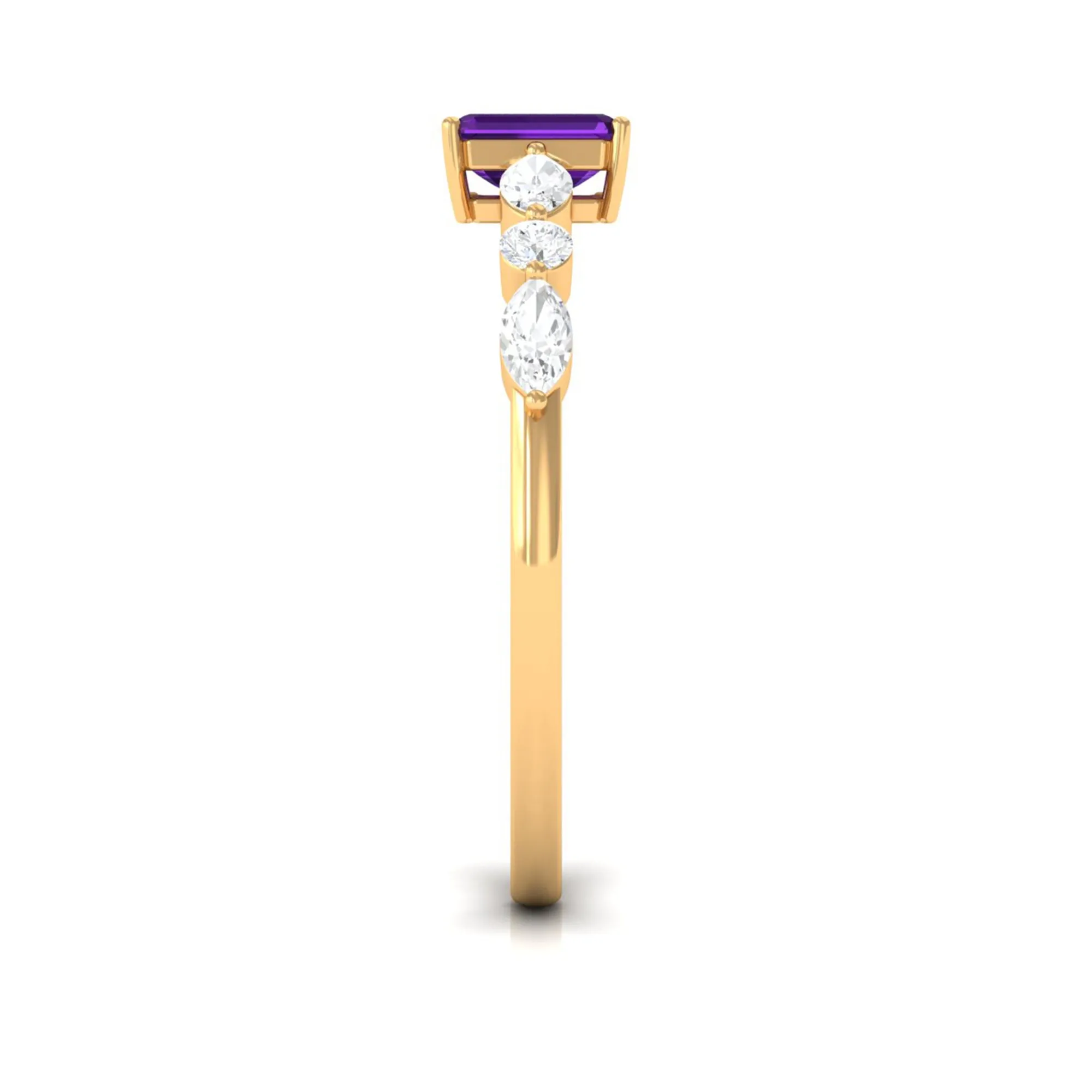 Octagon Amethyst Solitaire Ring with Diamond Side Stones
