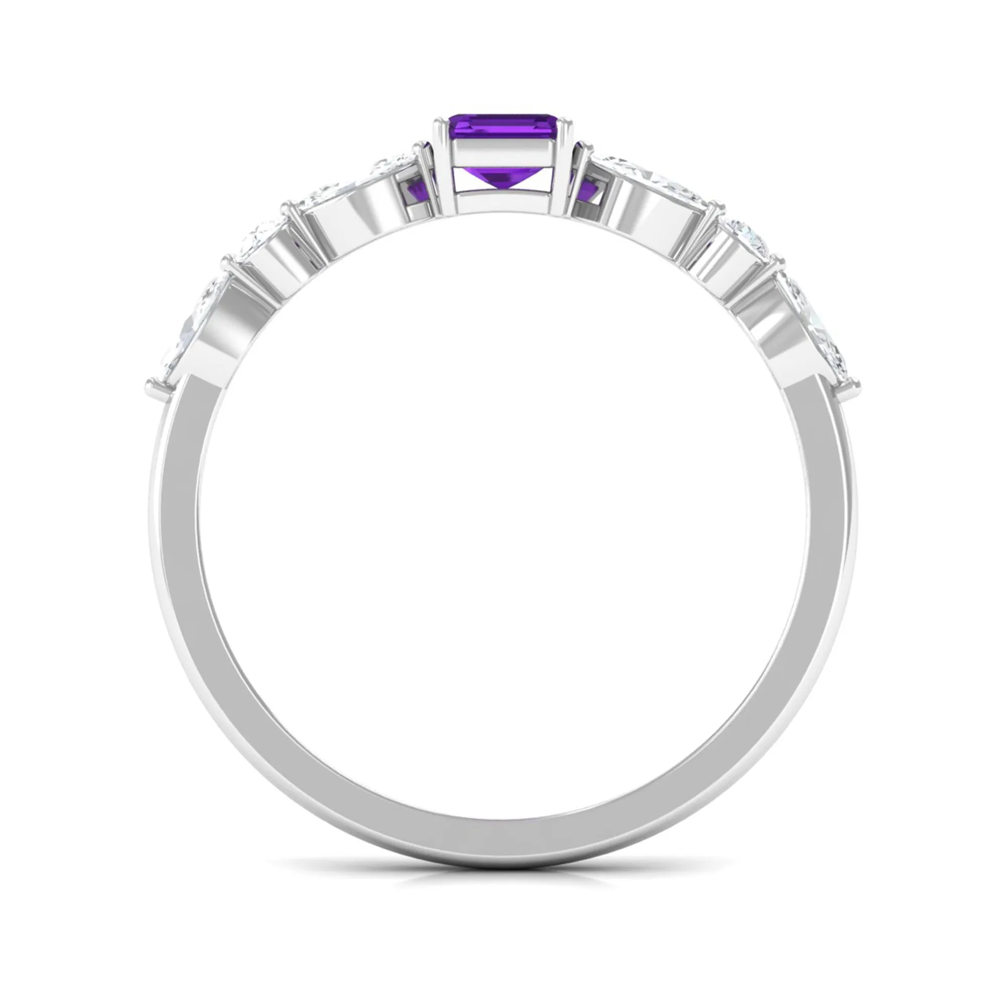 Octagon Amethyst Solitaire Ring with Diamond Side Stones