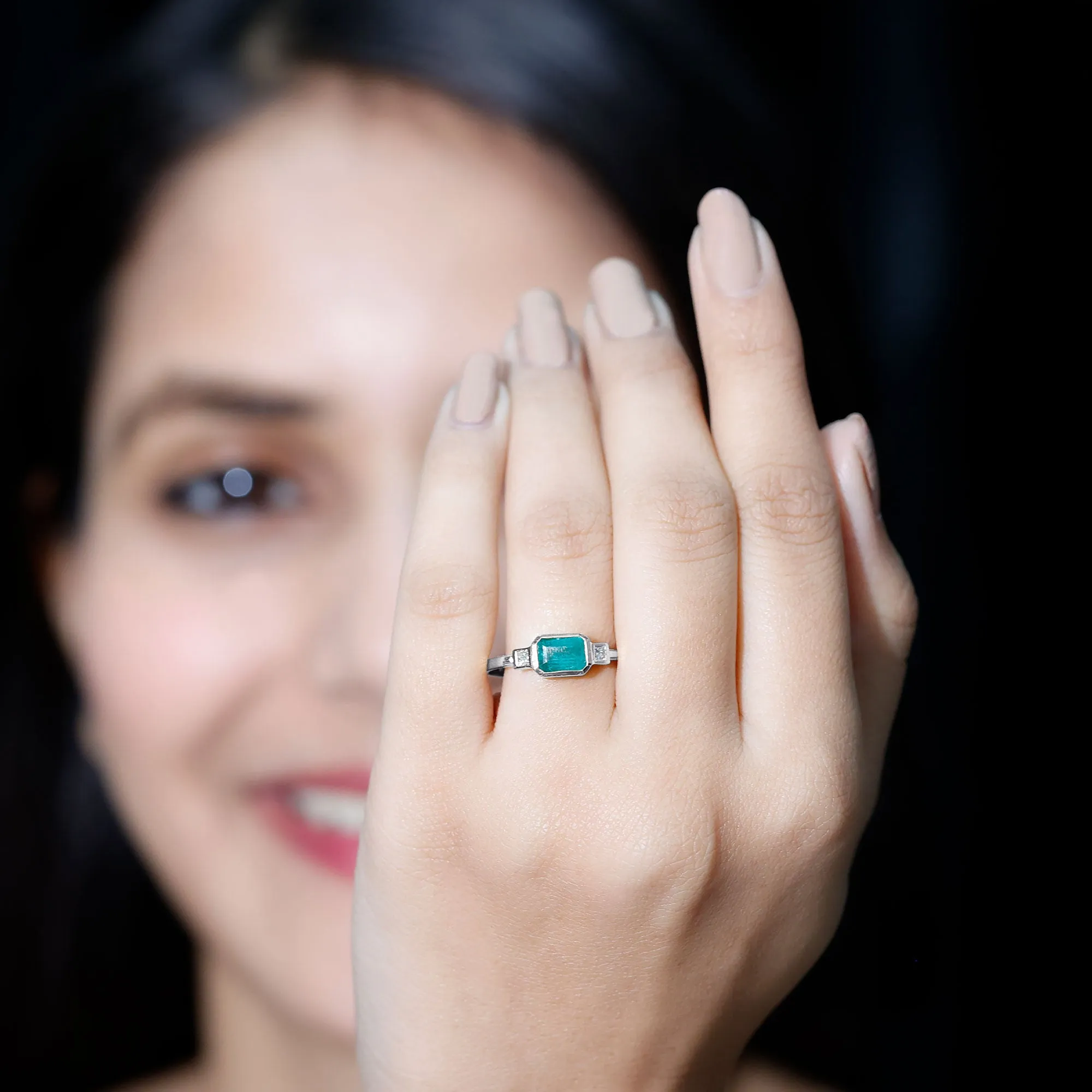 Octagon shape Emerald and Diamond East-West Promise Ring in Bezel Setting
