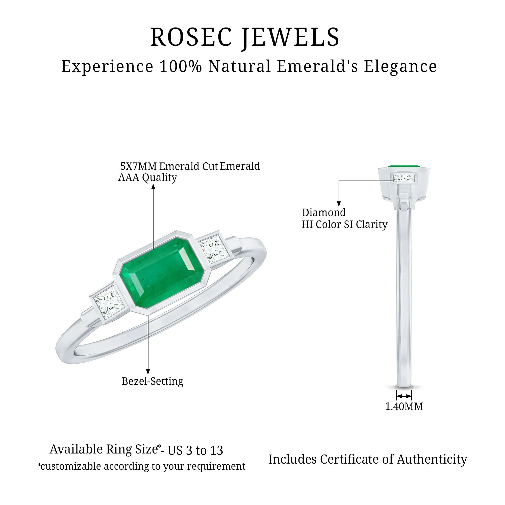 Octagon shape Emerald and Diamond East-West Promise Ring in Bezel Setting