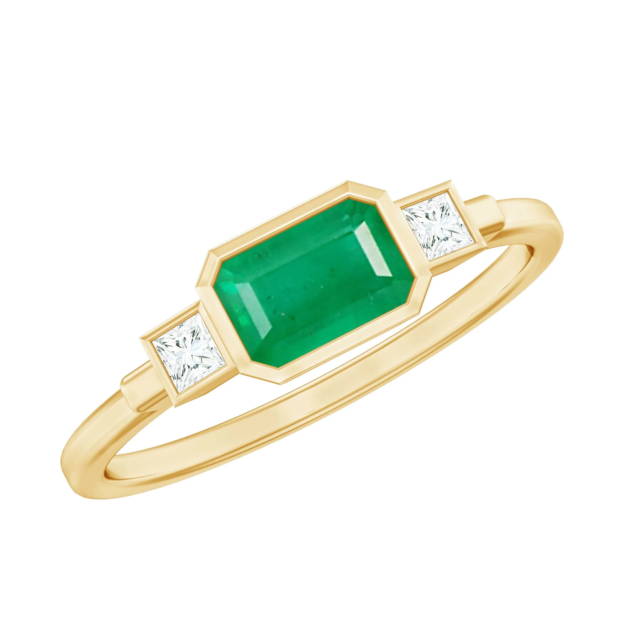 Octagon shape Emerald and Diamond East-West Promise Ring in Bezel Setting