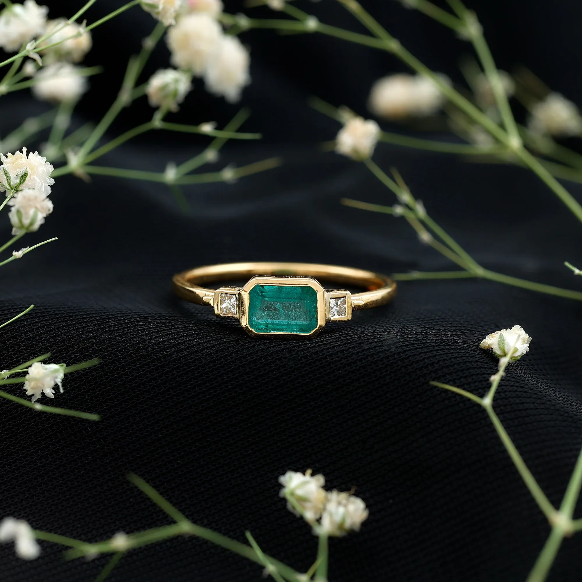 Octagon shape Emerald and Diamond East-West Promise Ring in Bezel Setting