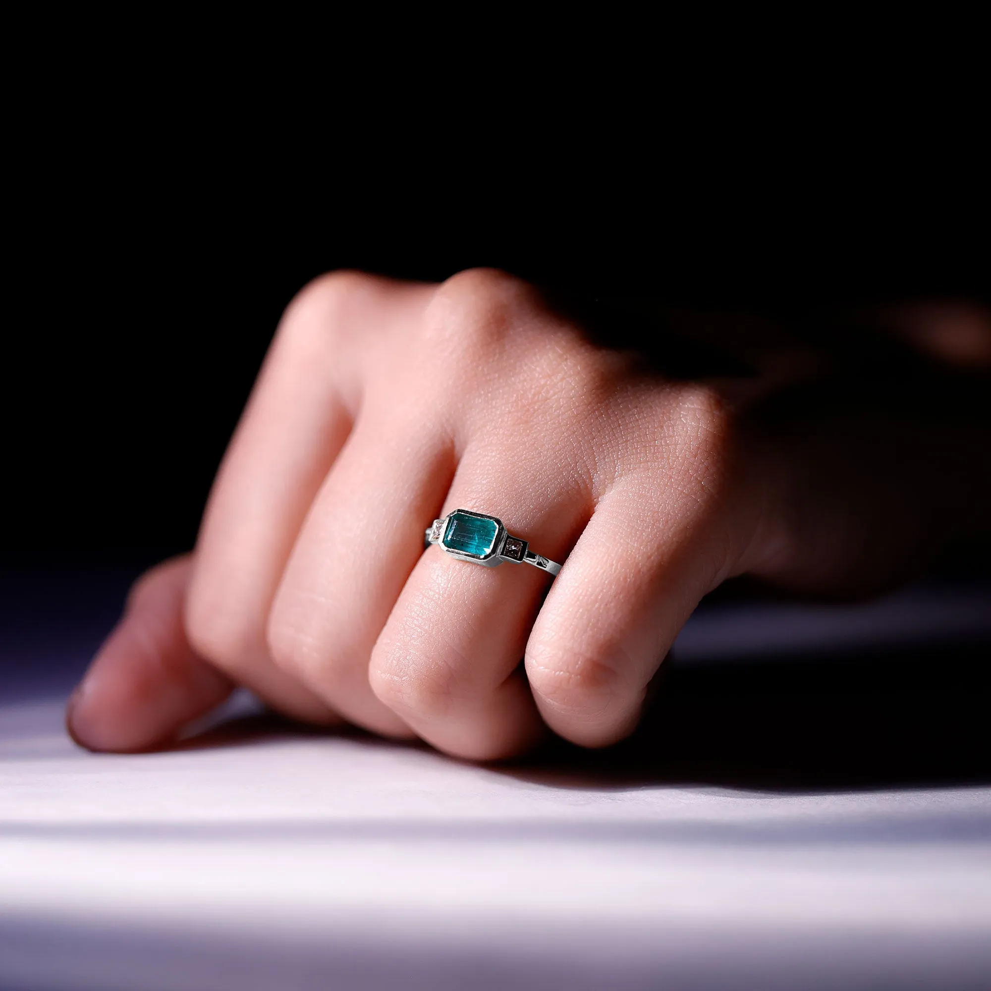 Octagon shape Emerald and Diamond East-West Promise Ring in Bezel Setting