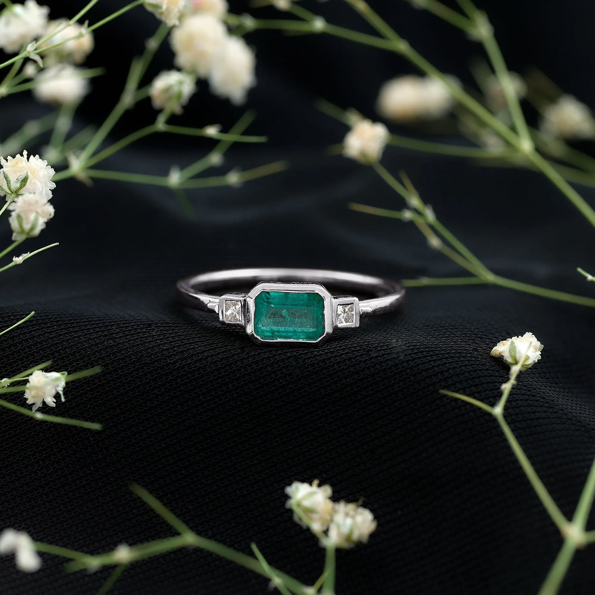 Octagon shape Emerald and Diamond East-West Promise Ring in Bezel Setting