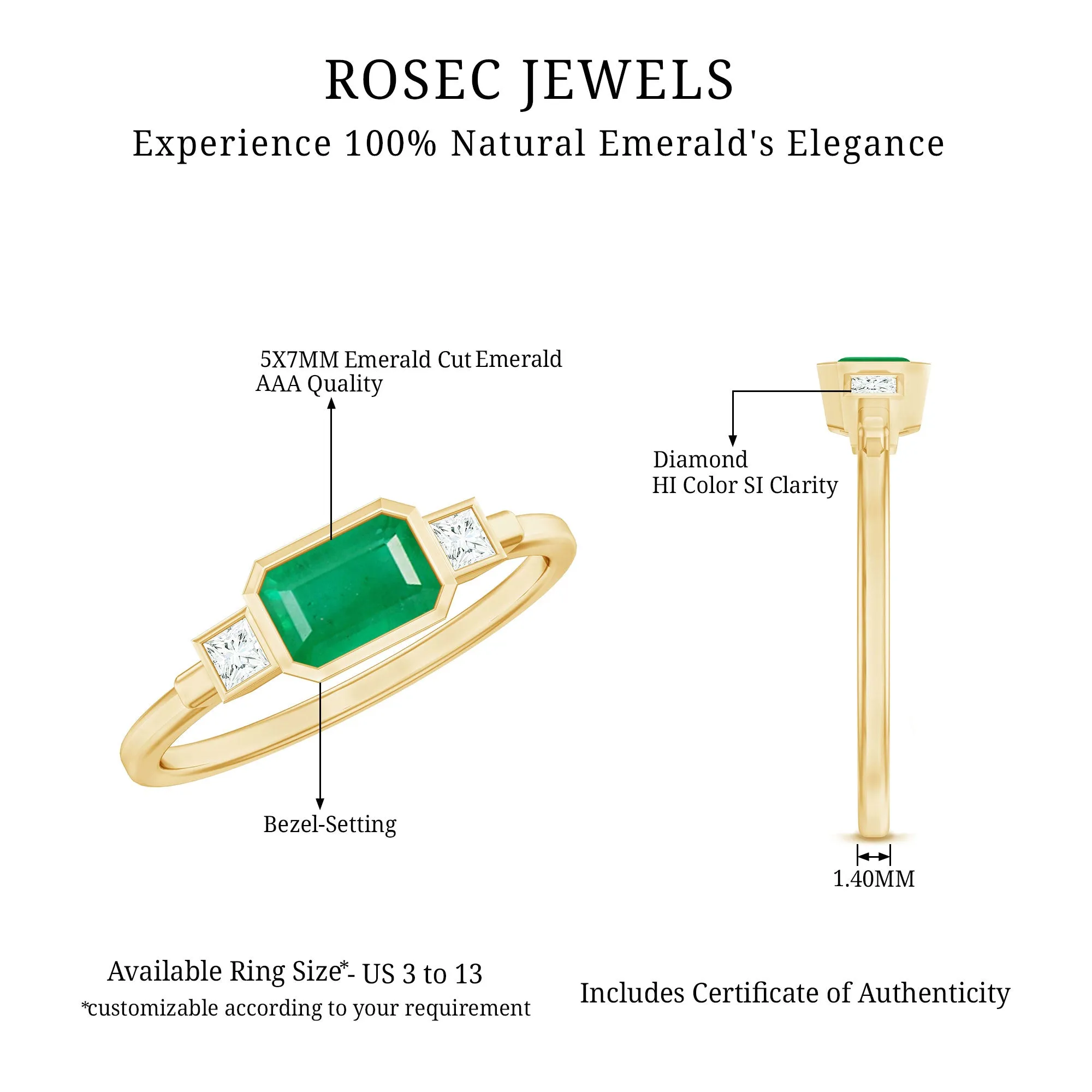 Octagon shape Emerald and Diamond East-West Promise Ring in Bezel Setting