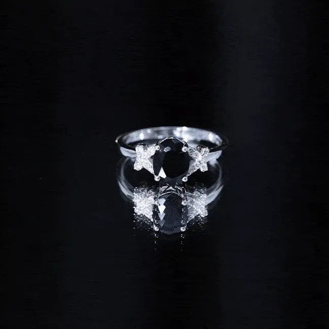 Oval Created Black Diamond Solitaire Ring with Diamond in Split Shank