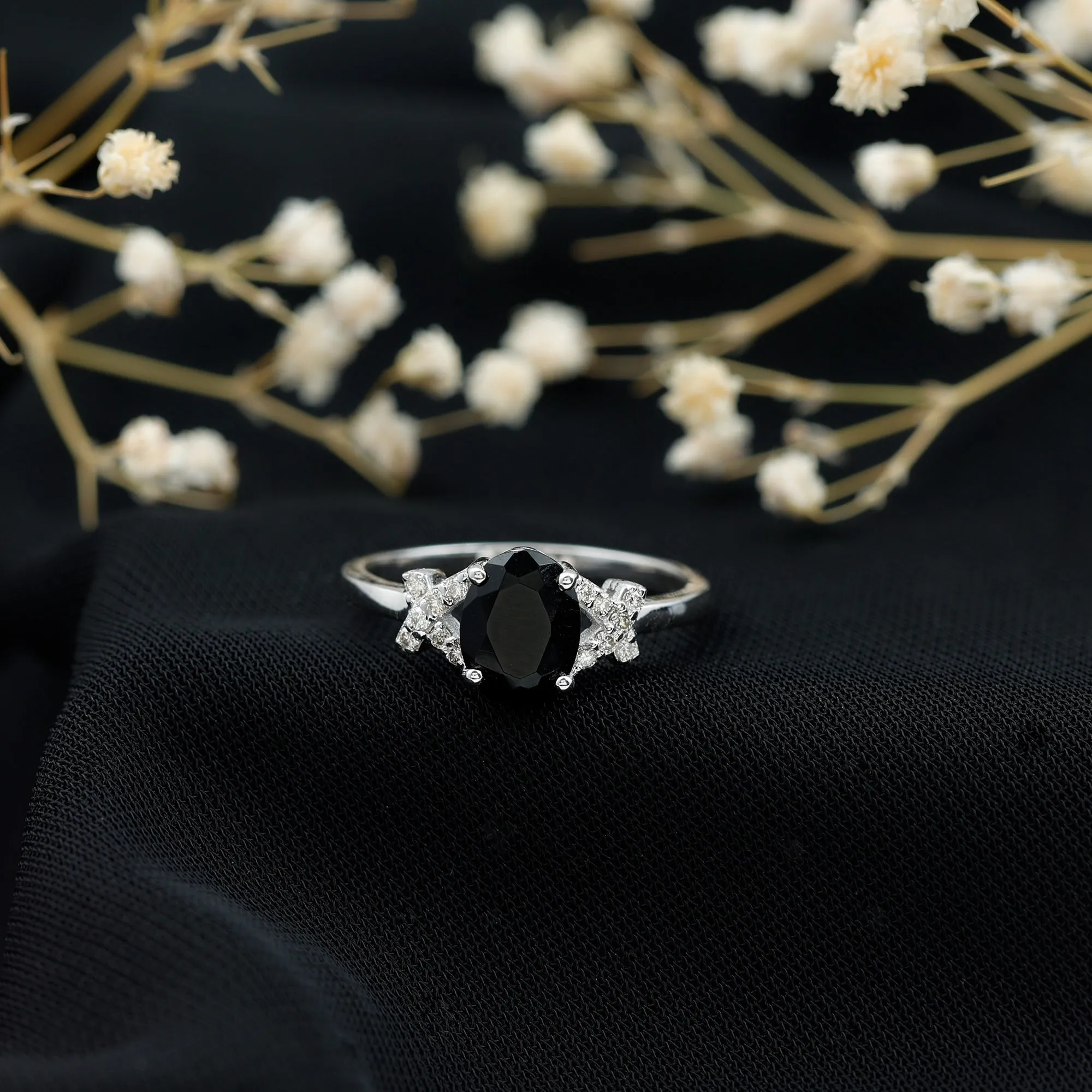 Oval Created Black Diamond Solitaire Ring with Diamond in Split Shank