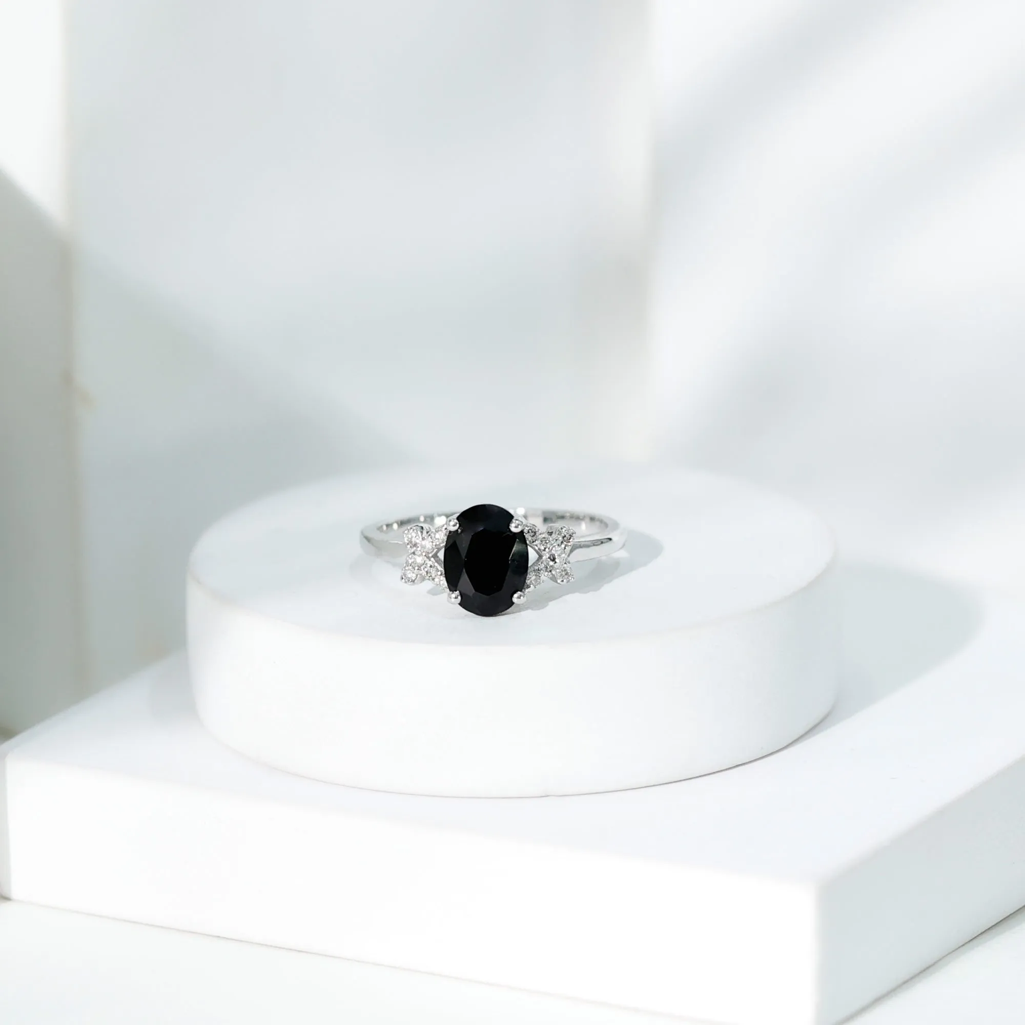 Oval Created Black Diamond Solitaire Ring with Diamond in Split Shank