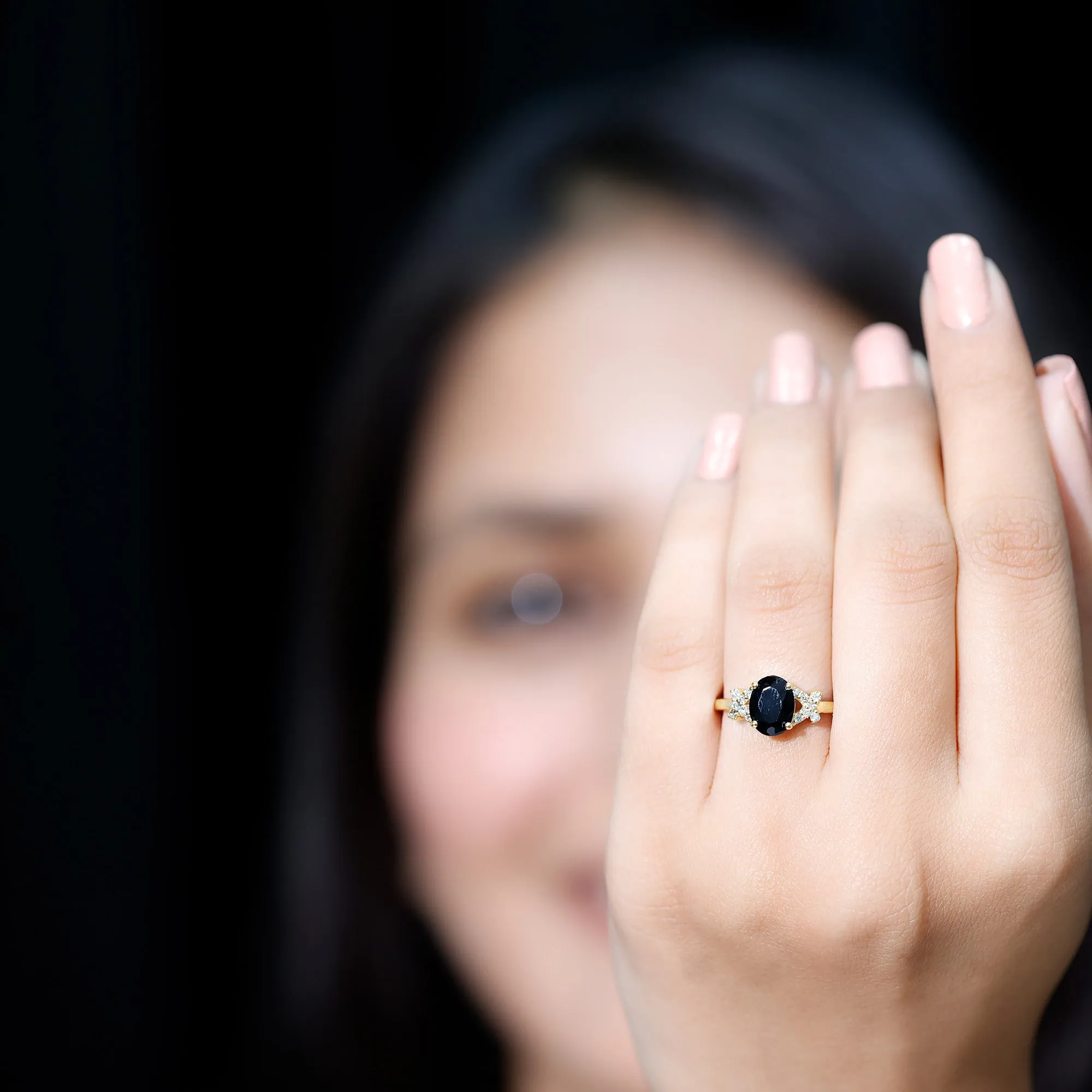 Oval Created Black Diamond Solitaire Ring with Diamond in Split Shank