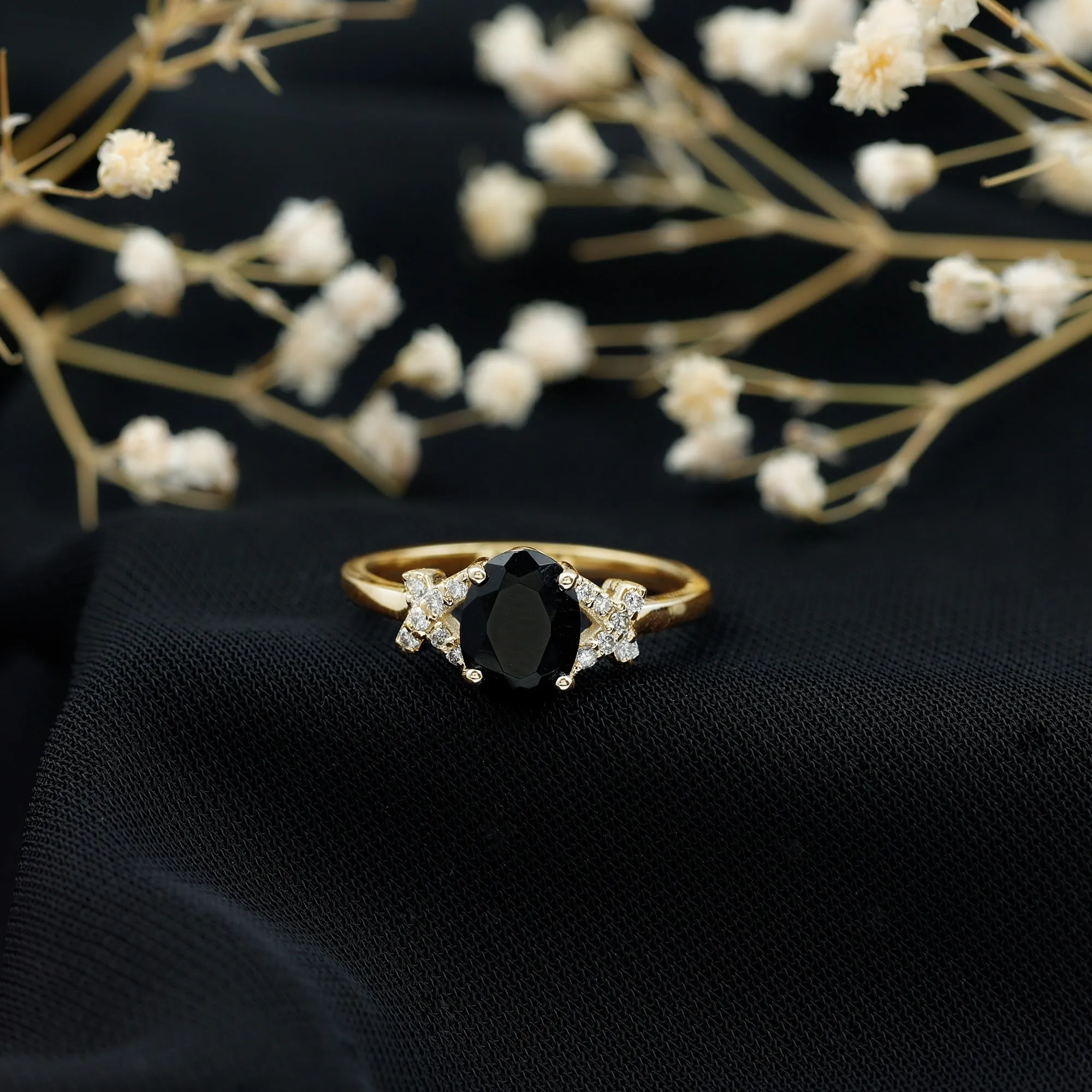 Oval Created Black Diamond Solitaire Ring with Diamond in Split Shank