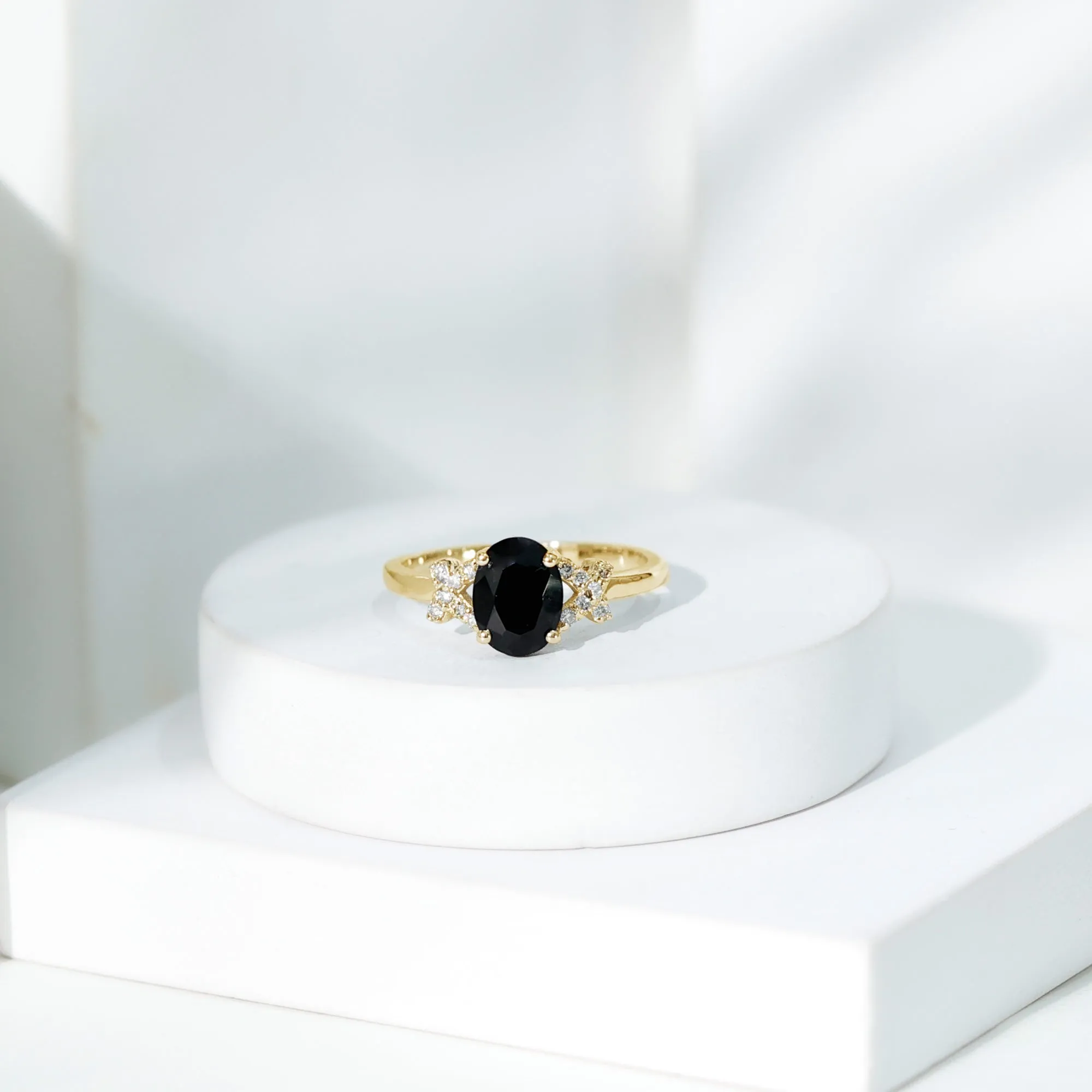 Oval Created Black Diamond Solitaire Ring with Diamond in Split Shank