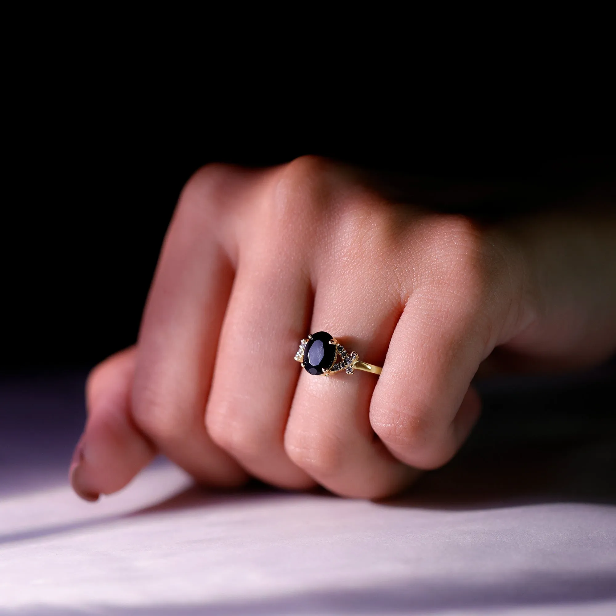 Oval Created Black Diamond Solitaire Ring with Diamond in Split Shank