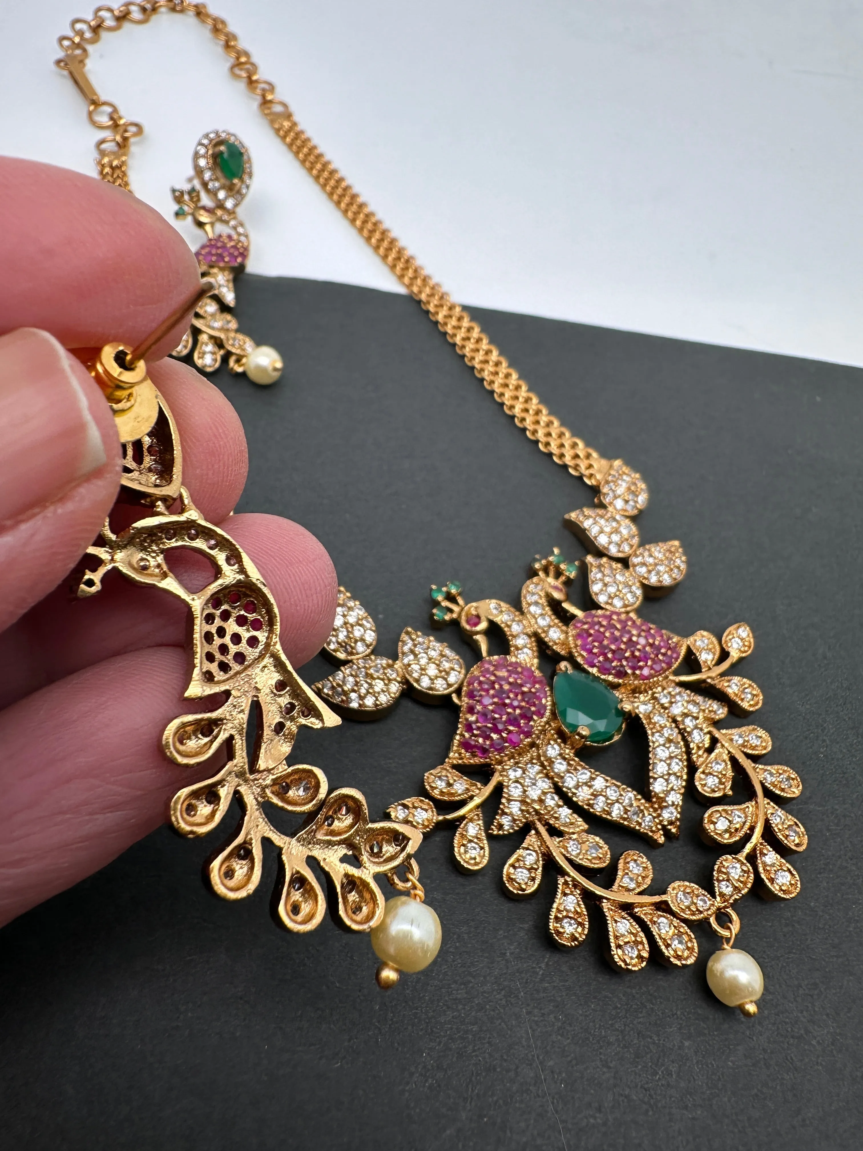 Peacock CZ Red Green Stone Chain Style Dainty Necklace