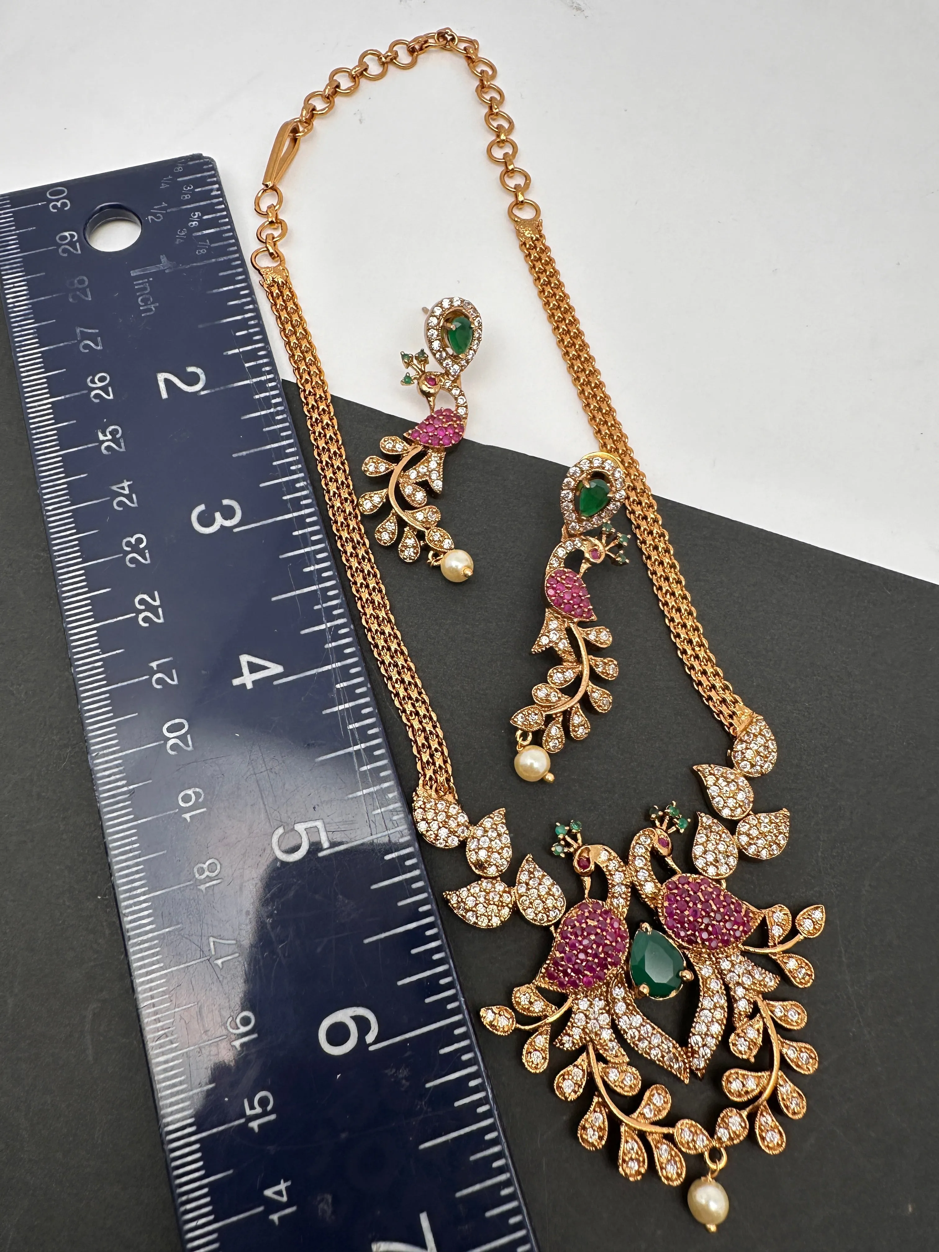 Peacock CZ Red Green Stone Chain Style Dainty Necklace