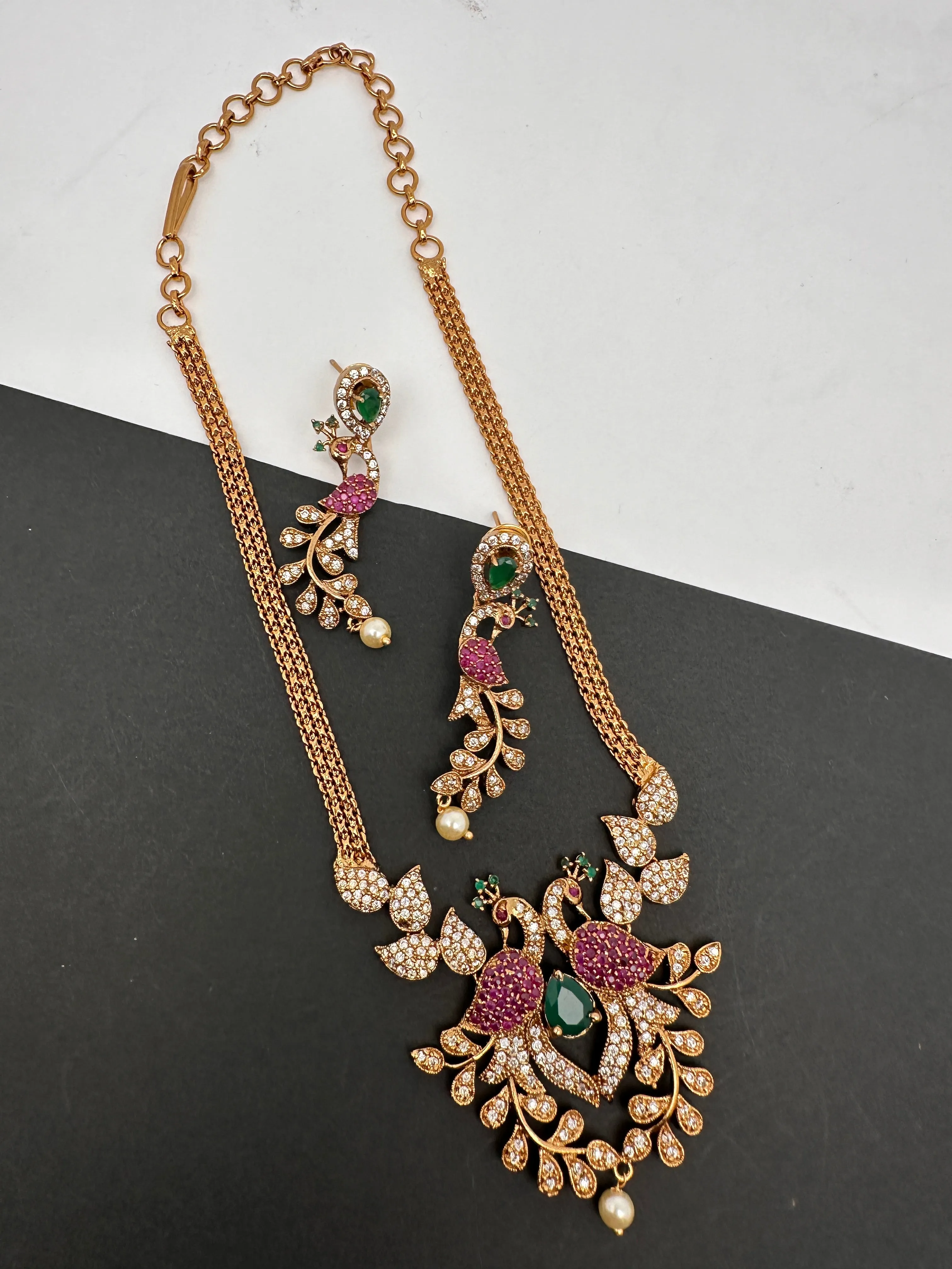 Peacock CZ Red Green Stone Chain Style Dainty Necklace