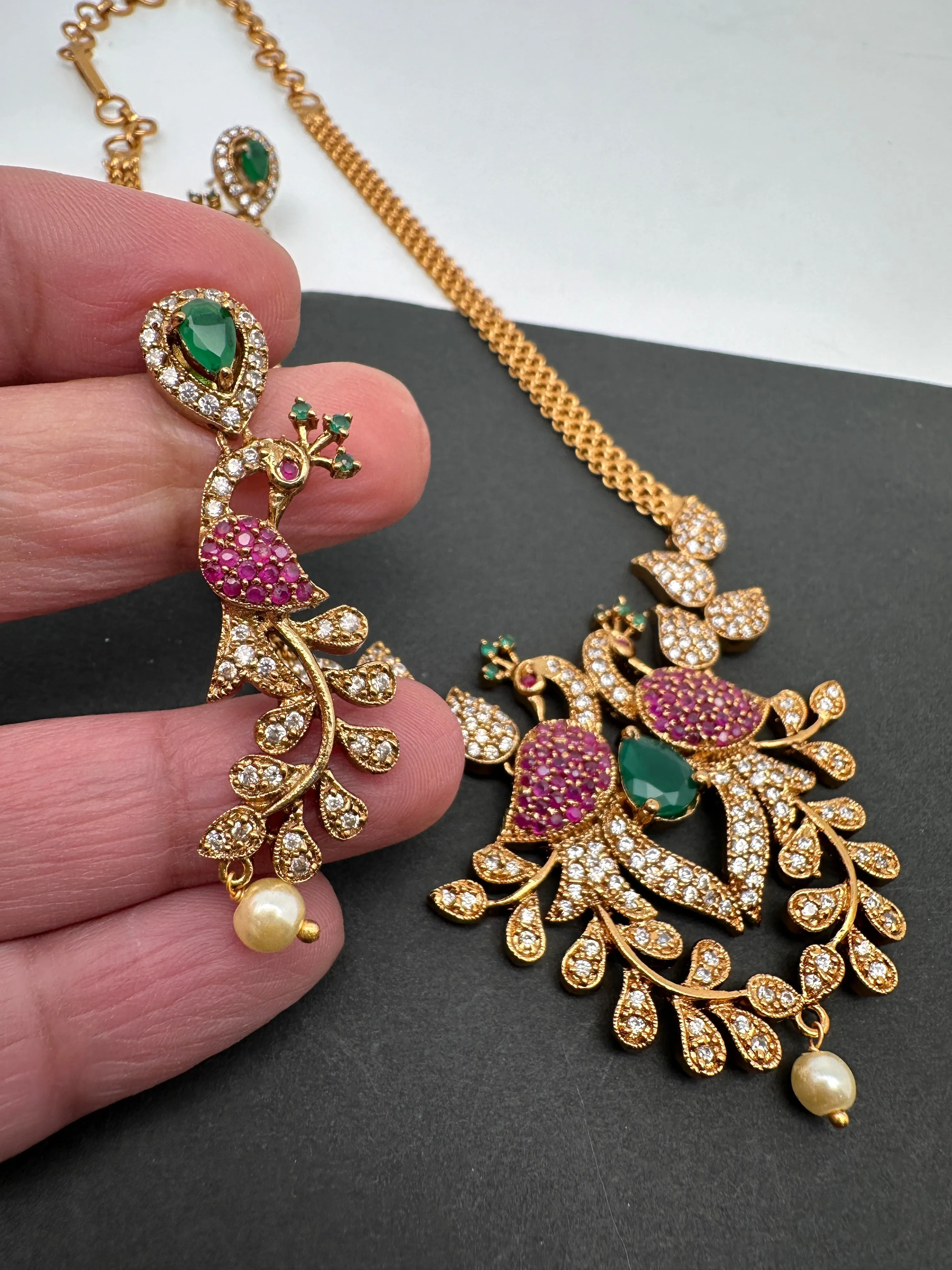 Peacock CZ Red Green Stone Chain Style Dainty Necklace