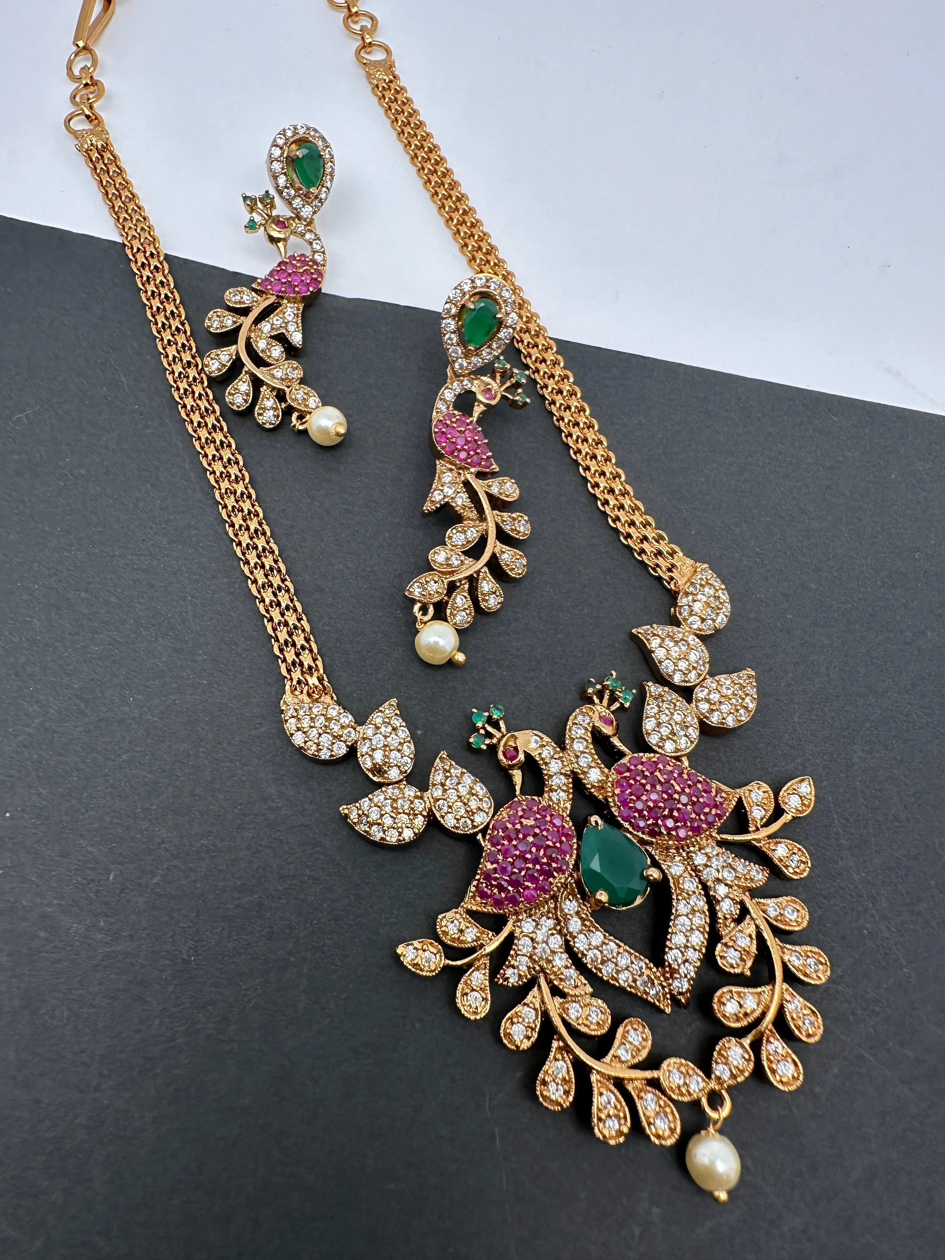 Peacock CZ Red Green Stone Chain Style Dainty Necklace
