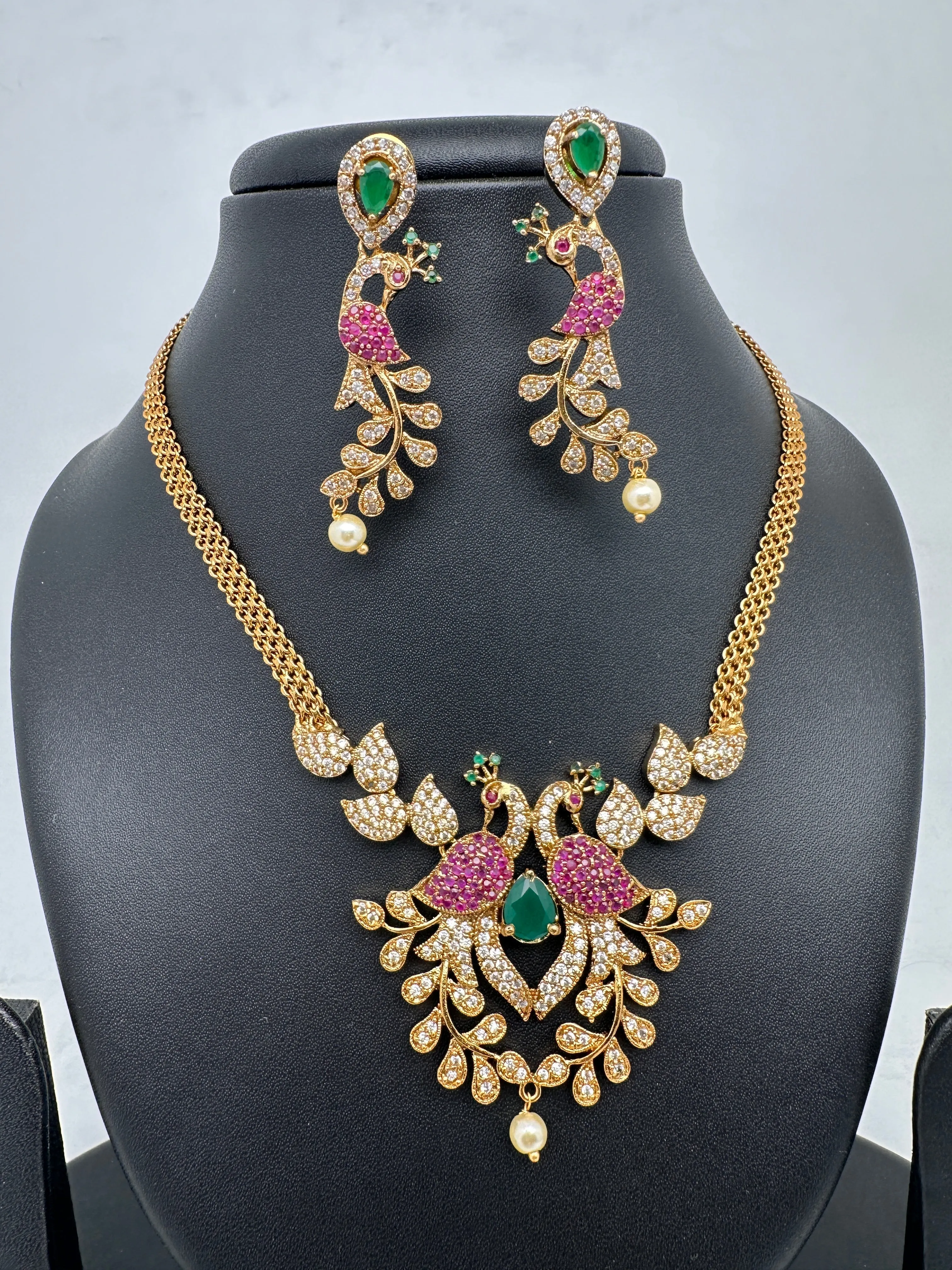 Peacock CZ Red Green Stone Chain Style Dainty Necklace