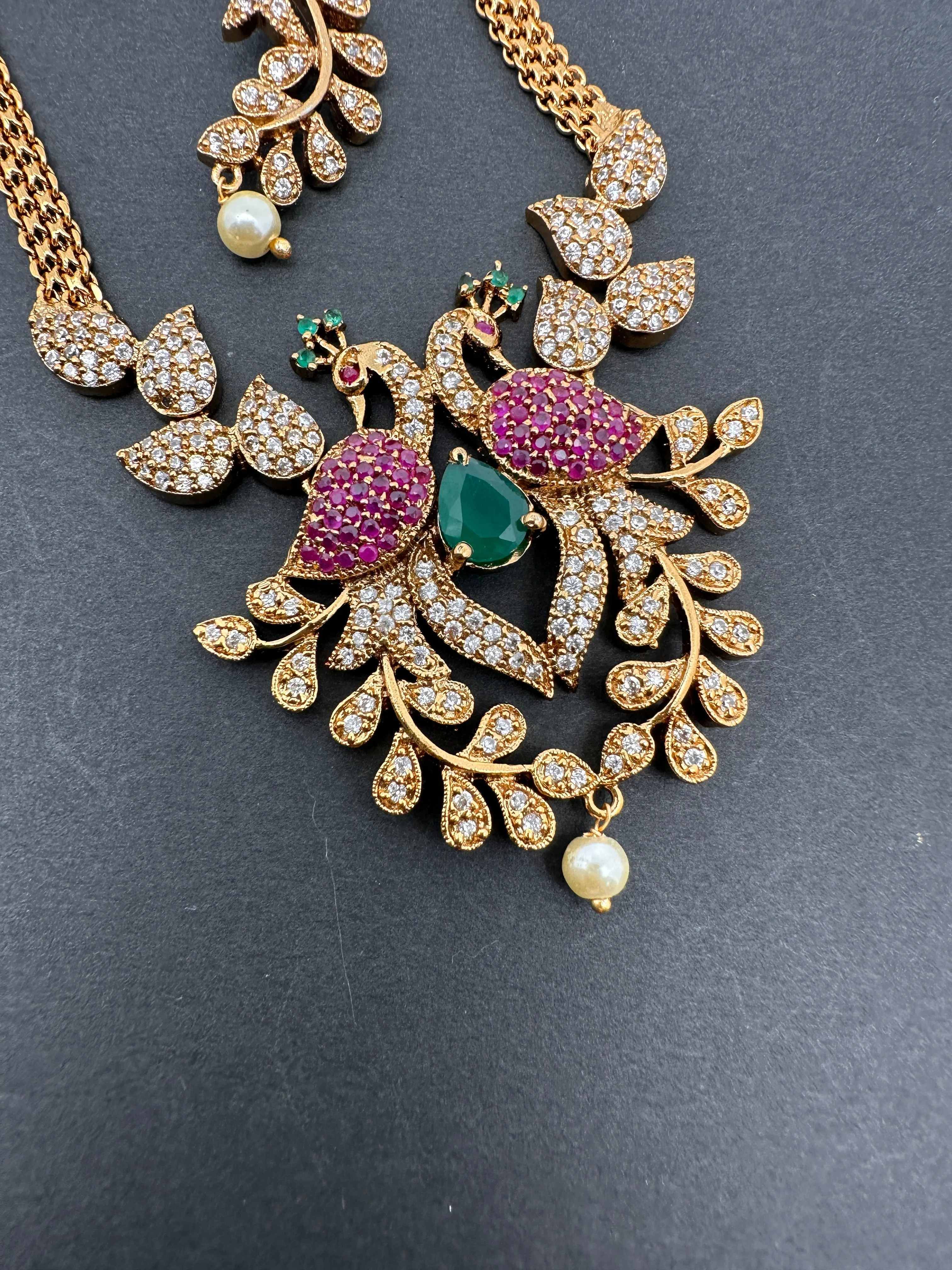 Peacock CZ Red Green Stone Chain Style Dainty Necklace