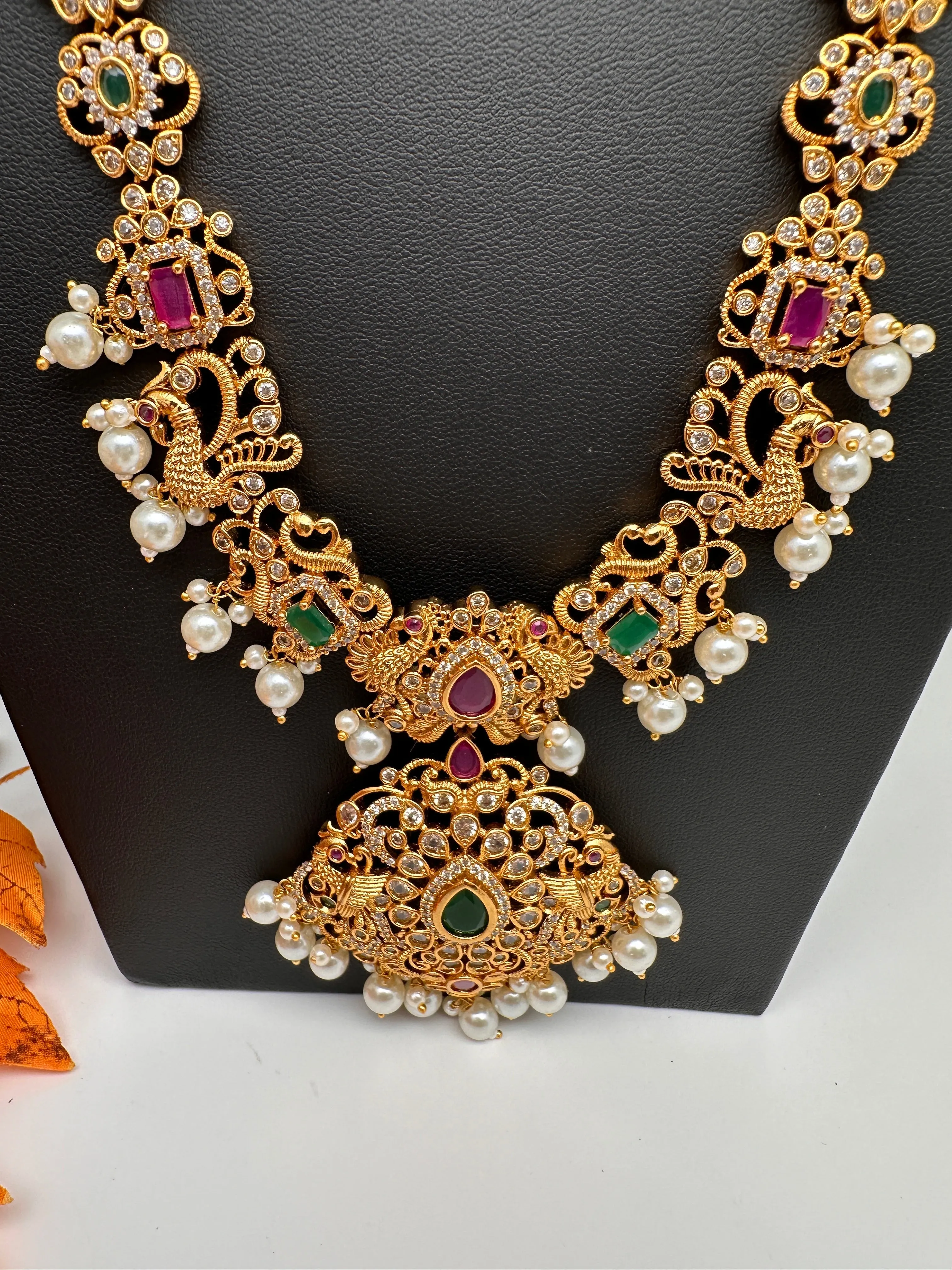 Peacock Design Red Green Multi Stone CZ Matte Finish Ethnic Necklace
