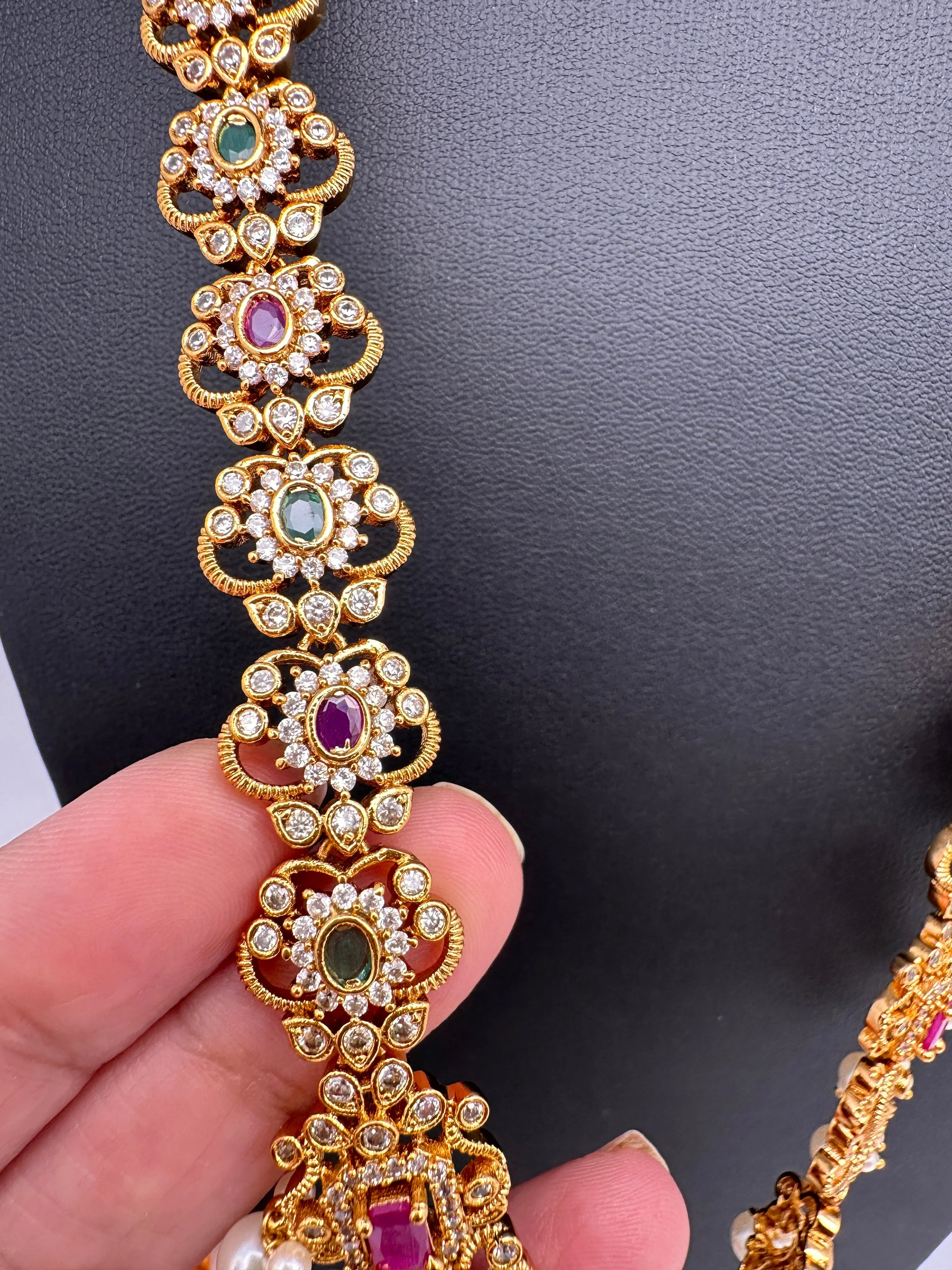 Peacock Design Red Green Multi Stone CZ Matte Finish Ethnic Necklace