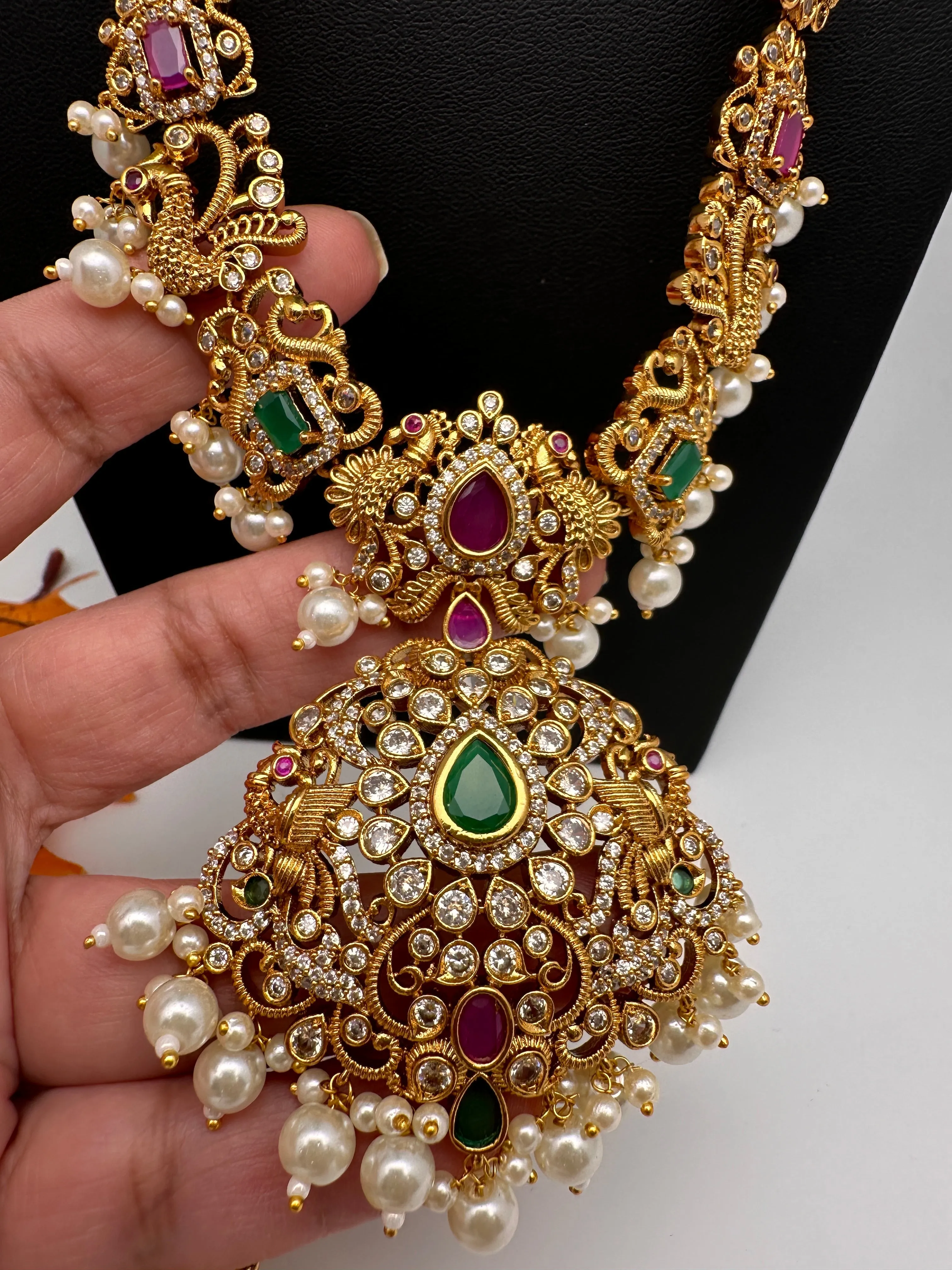 Peacock Design Red Green Multi Stone CZ Matte Finish Ethnic Necklace
