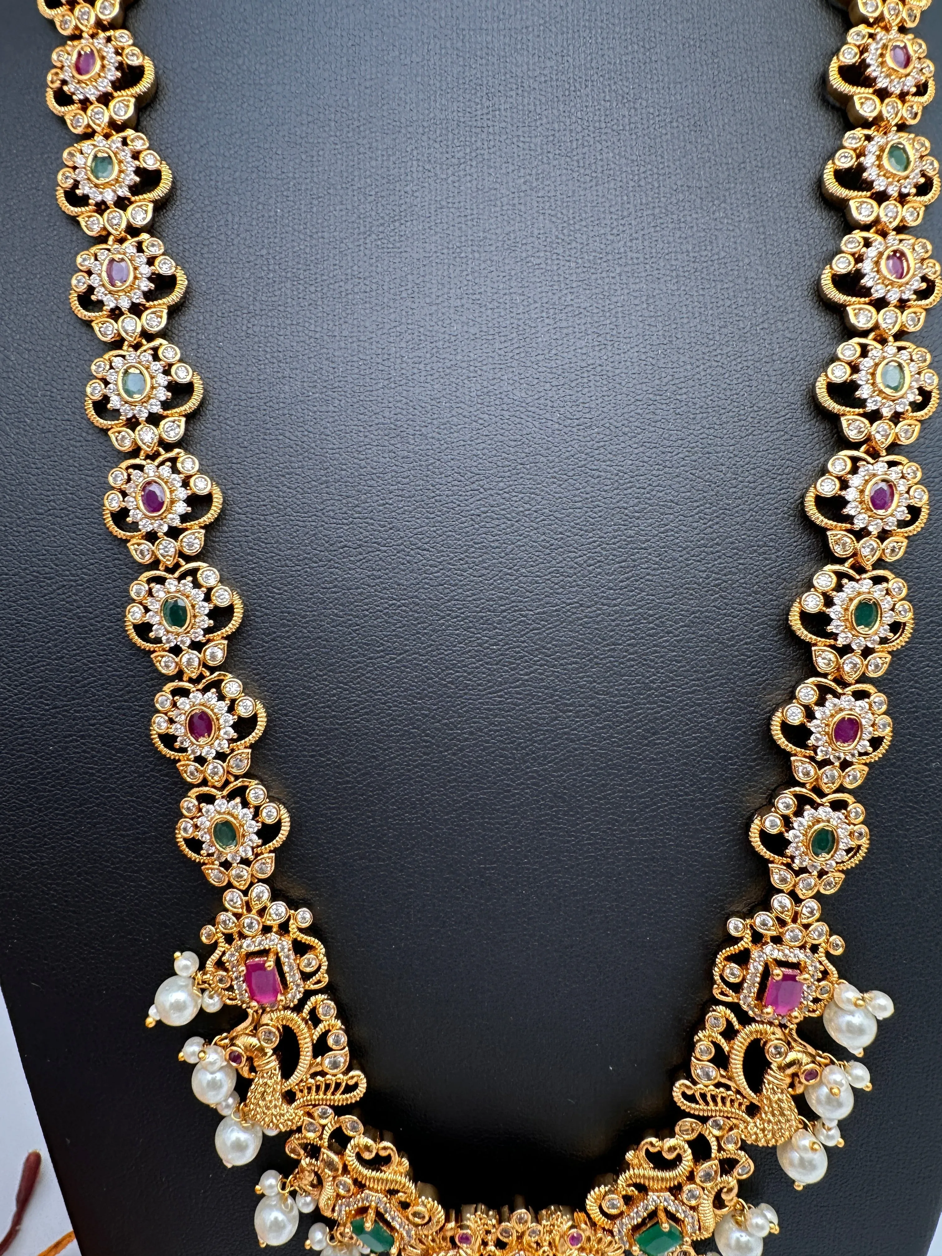 Peacock Design Red Green Multi Stone CZ Matte Finish Ethnic Necklace