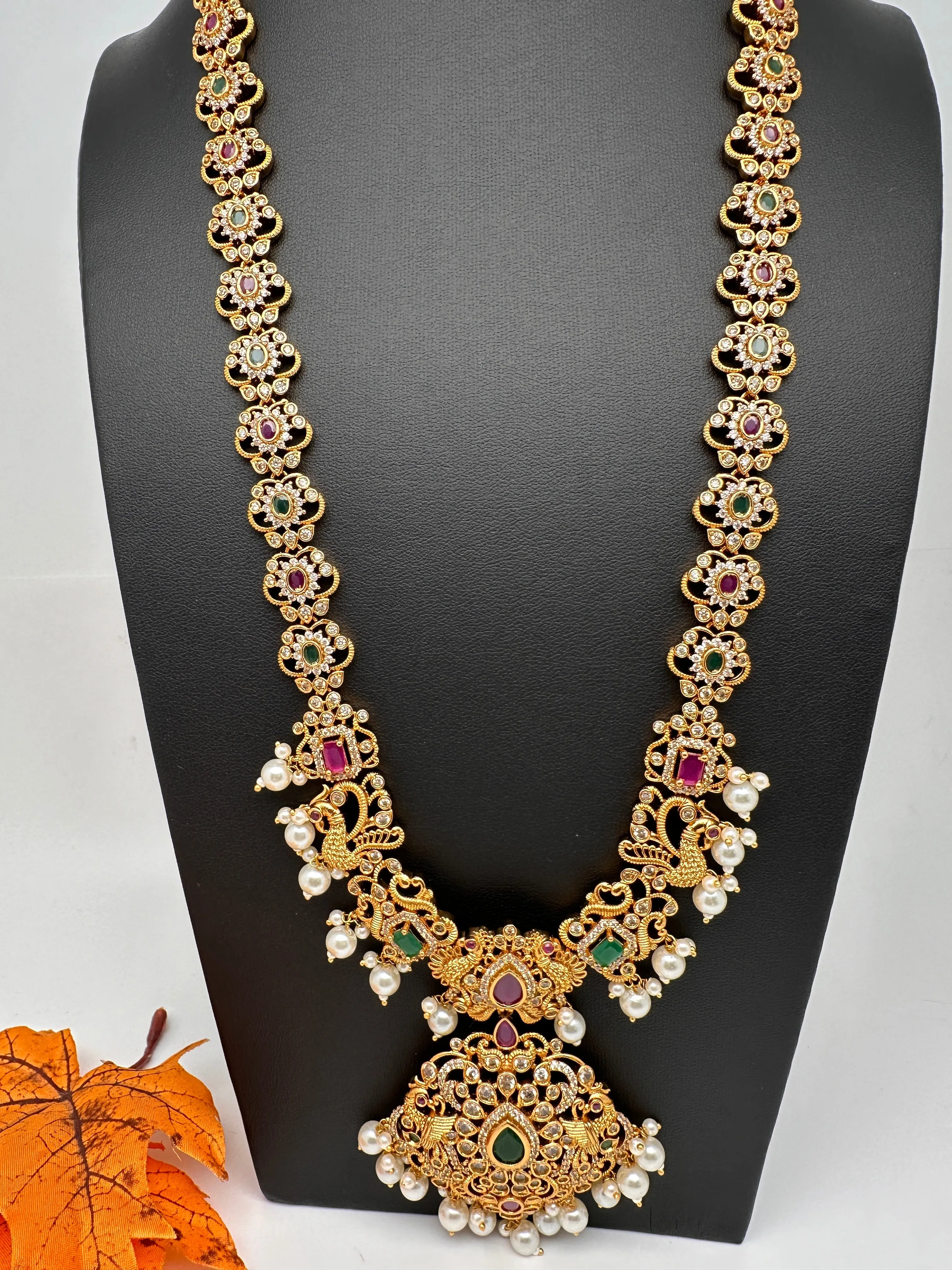 Peacock Design Red Green Multi Stone CZ Matte Finish Ethnic Necklace