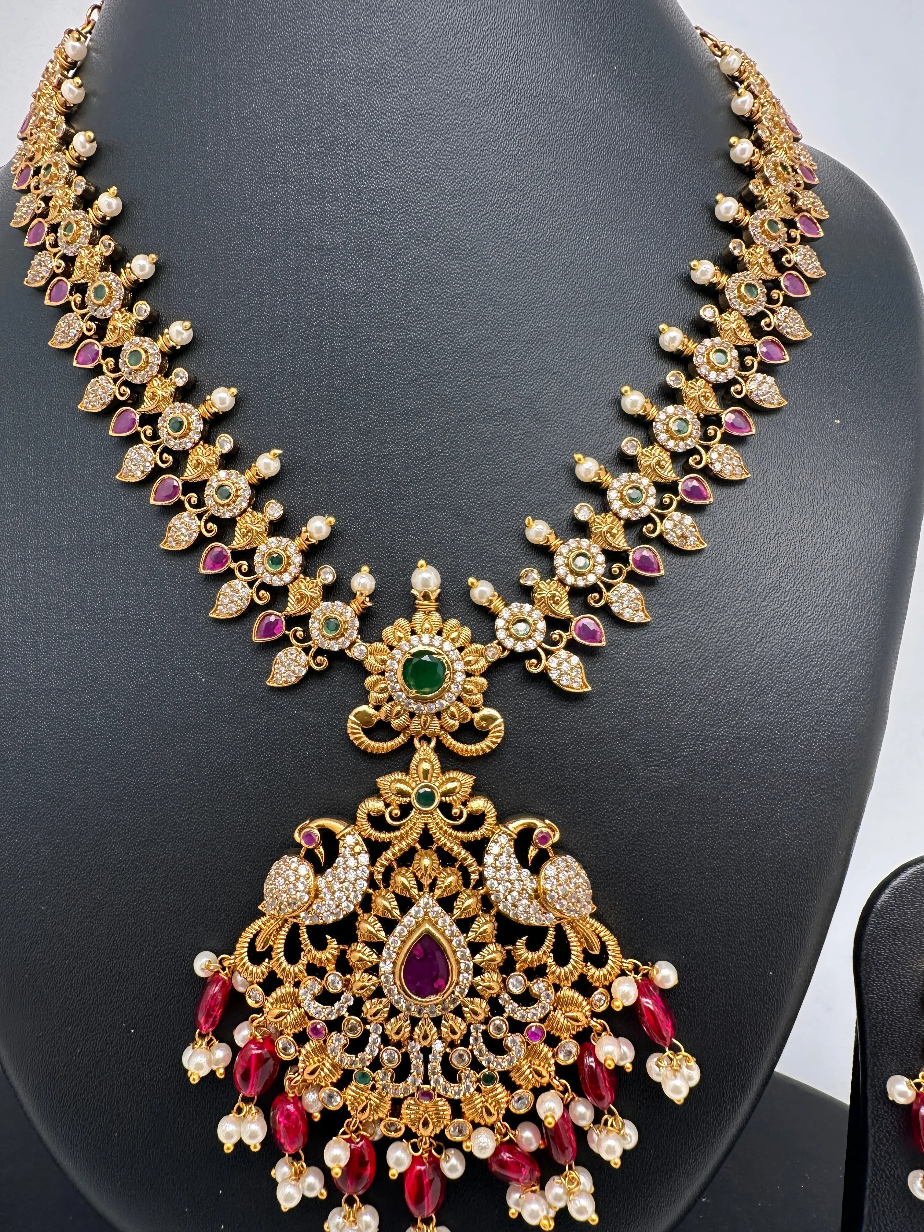 Peacock Design Red Stone Red beads CZ Matte Finish Ethnic Necklace