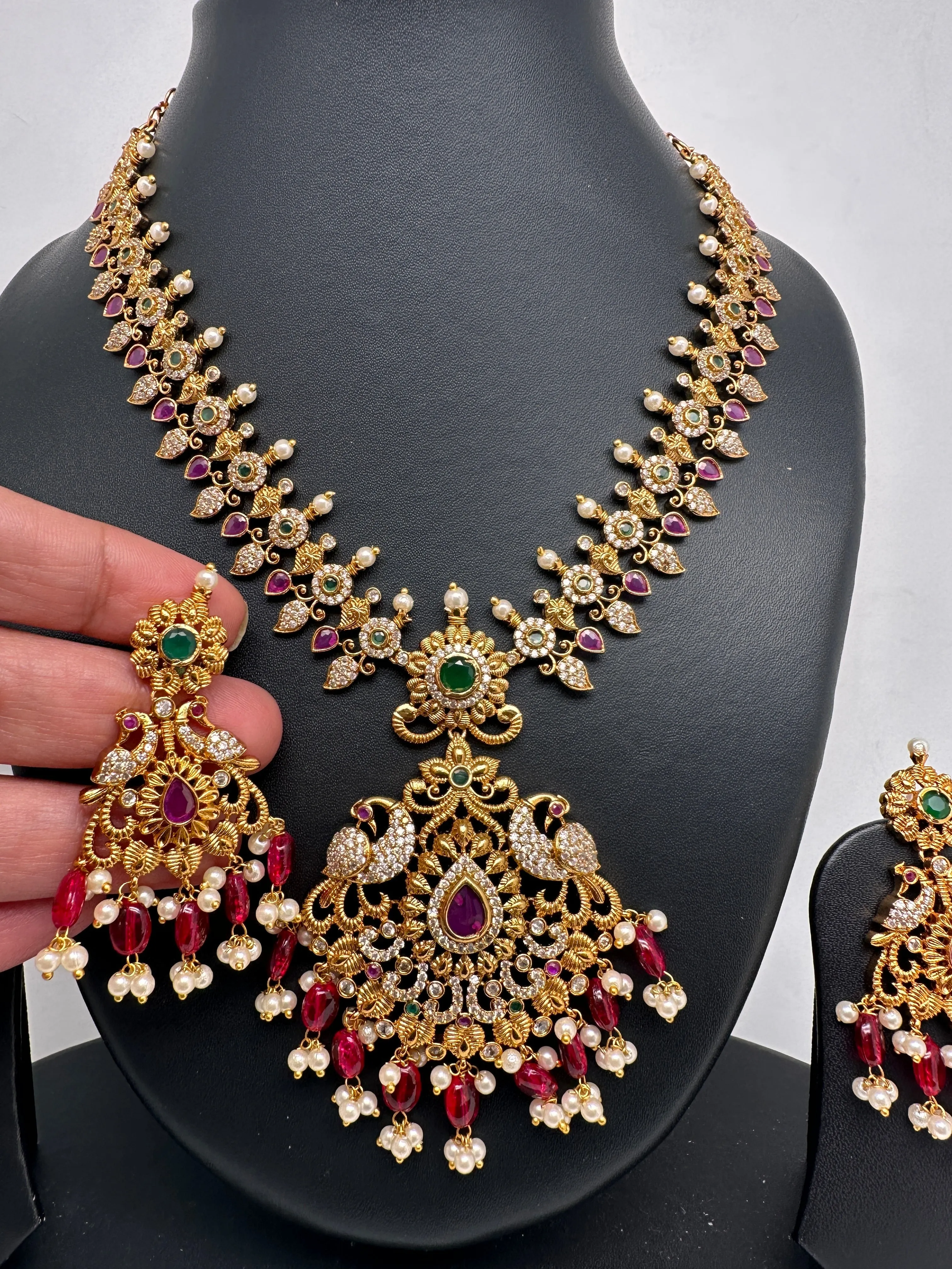 Peacock Design Red Stone Red beads CZ Matte Finish Ethnic Necklace