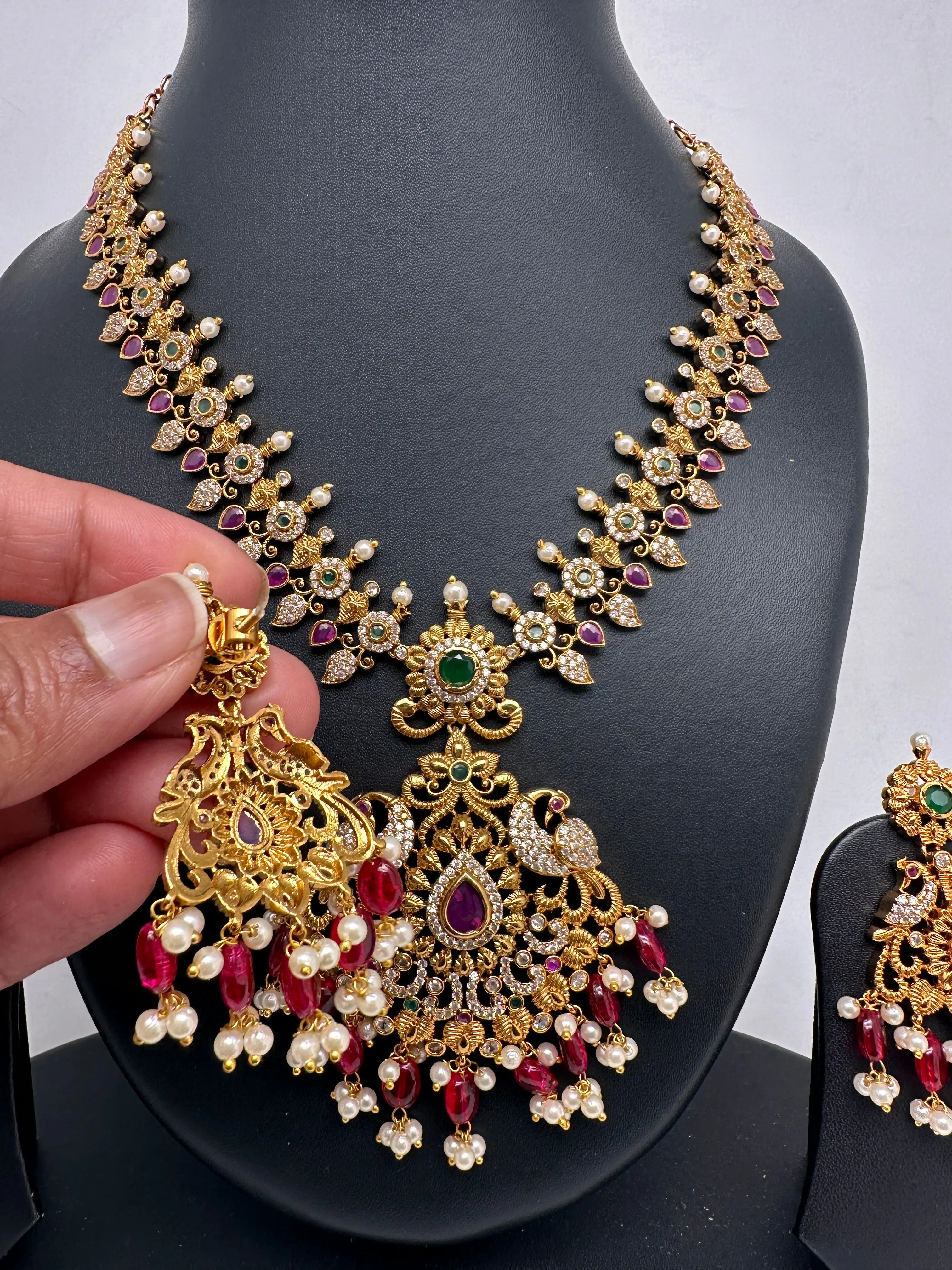 Peacock Design Red Stone Red beads CZ Matte Finish Ethnic Necklace