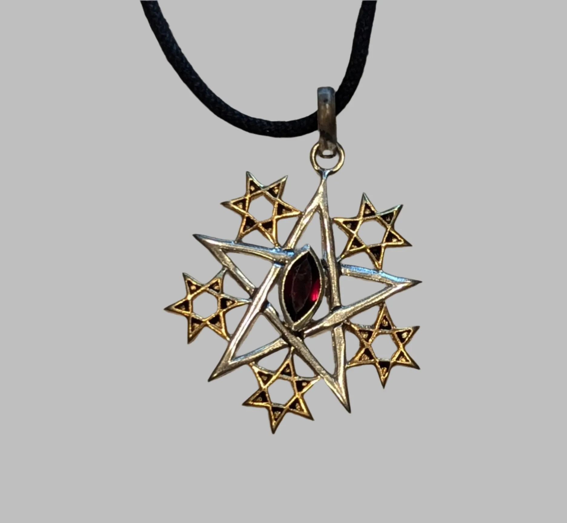 Pentagram Garnet Silver & Gold Talisman Pendant Necklace