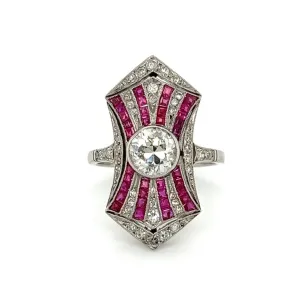 Platinum 1.00 ct Old Euro Cut Diamond With Accent Rubies and Diamond Ring at Regard Jewelry in Austin, Texas