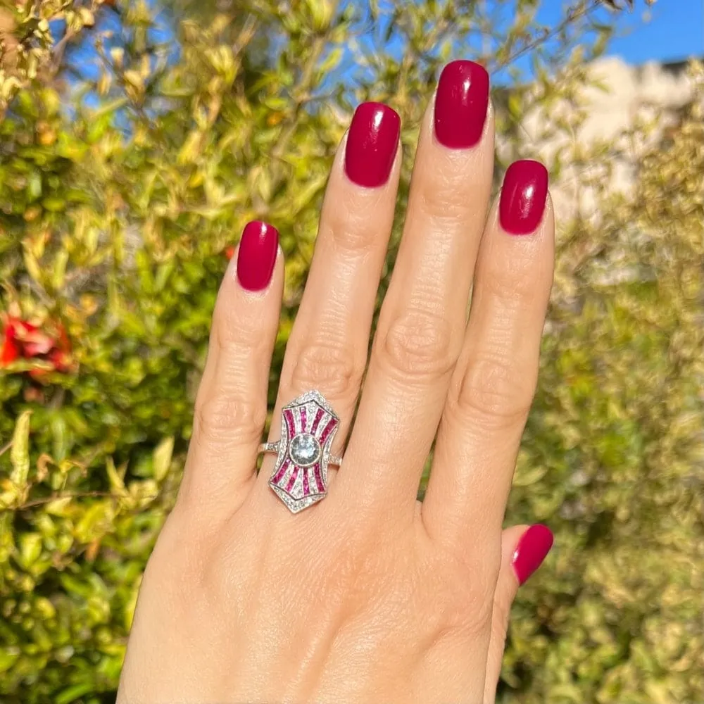 Platinum 1.00 ct Old Euro Cut Diamond With Accent Rubies and Diamond Ring at Regard Jewelry in Austin, Texas