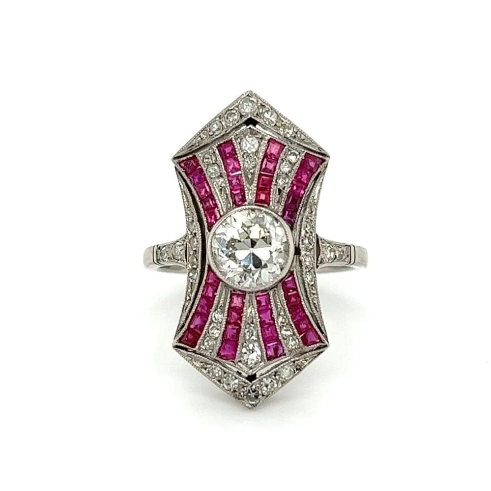 Platinum 1.00 ct Old Euro Cut Diamond With Accent Rubies and Diamond Ring at Regard Jewelry in Austin, Texas