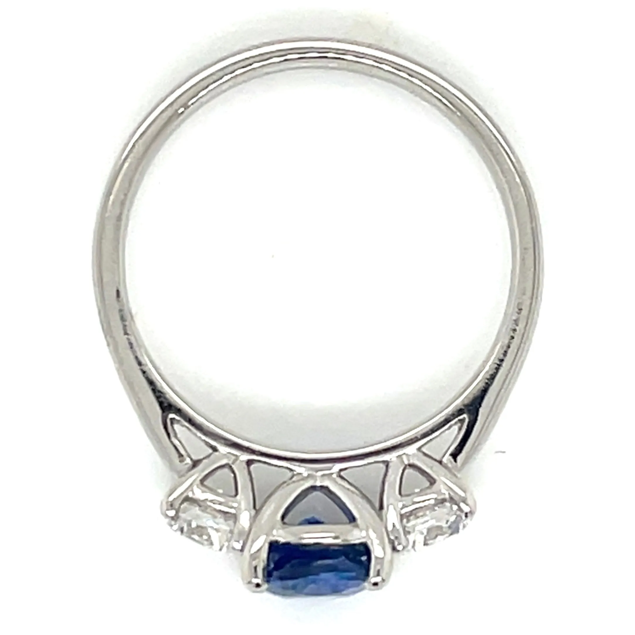Platinum Earth Grown Oval Ceylon Sapphire With Side Diamonds Three Stone Ring